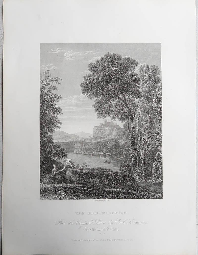 Inglese Stampa antica originale di L'Annunciazione dopo Claude Lorrain. Circa 1850 in vendita