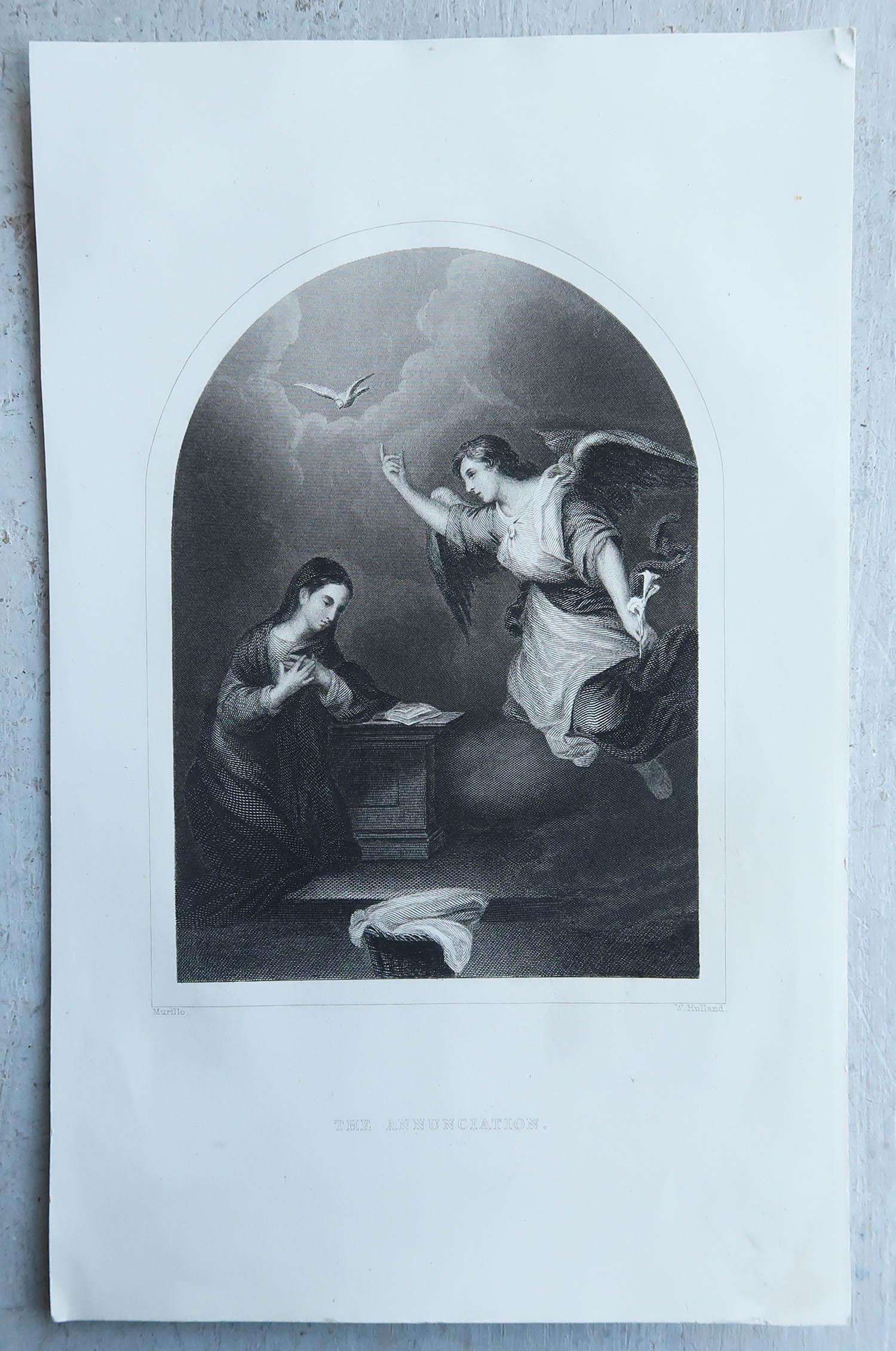 Renaissance Original Antique Print of The Annunciation After Murillo. Circa 1850 For Sale