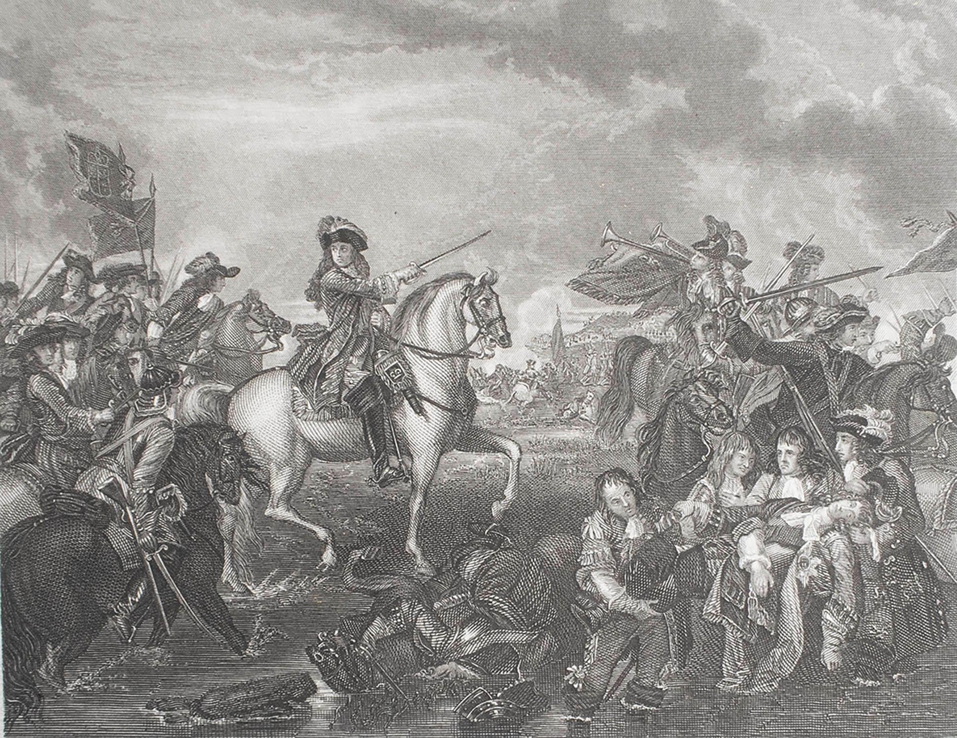 Great image of The Battle of The Boyne

Fine steel engraving after Benjamin West

With a highly decorative figural border

Published by London printing & Publishing Co.C.1850

Unframed.

The size given is the paper size