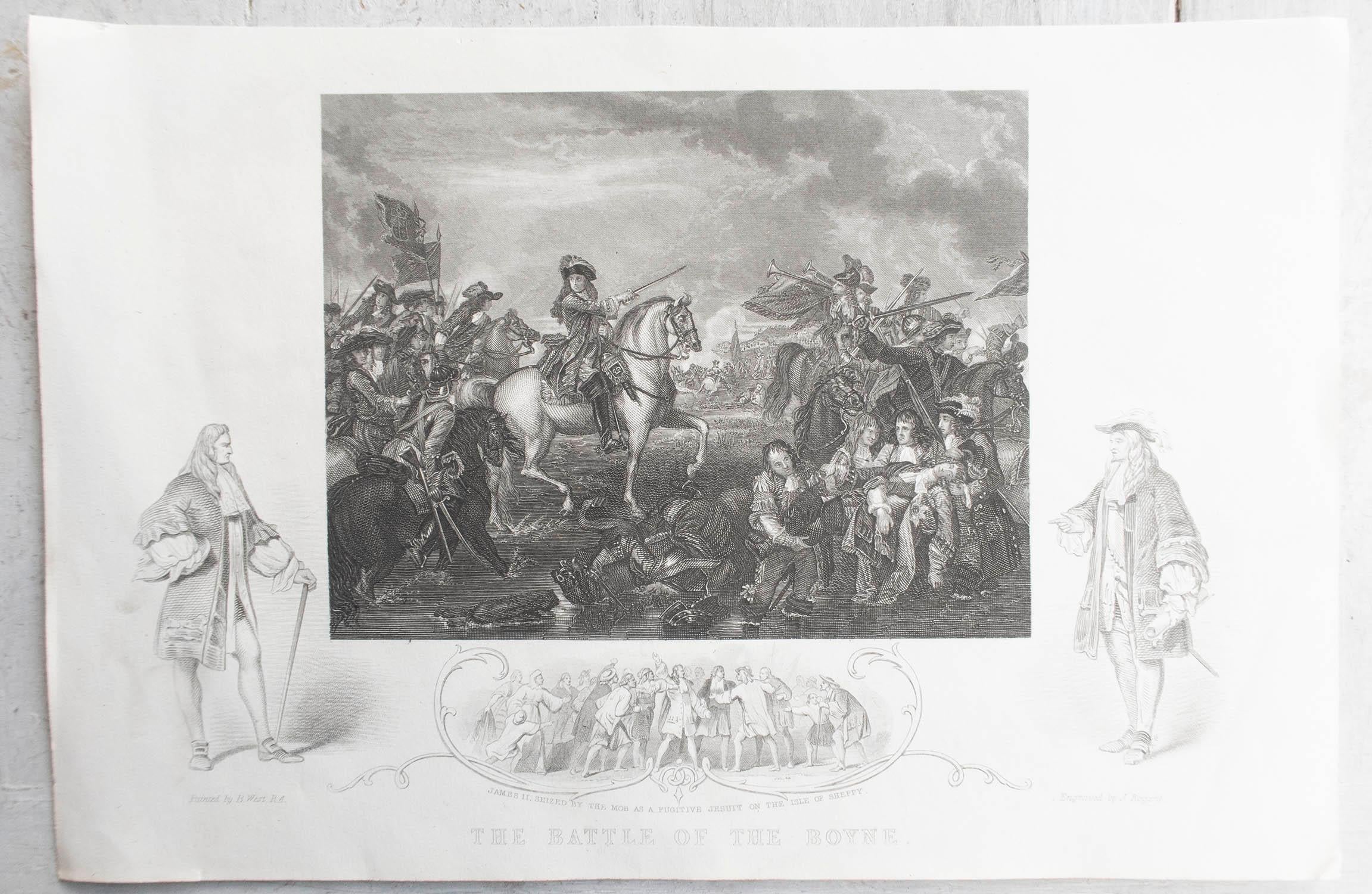 English Original Antique Print of The Battle of The Boyne, Ireland. C.1850 For Sale