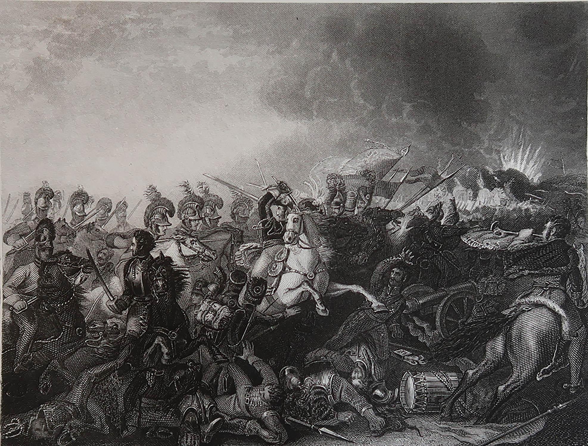 Belle image de la bataille de Waterloo

Fine gravure sur acier avec une bordure très décorative.

Publié par Tallis C.C.1850.

Non encadré.

Le format indiqué est le format du papier