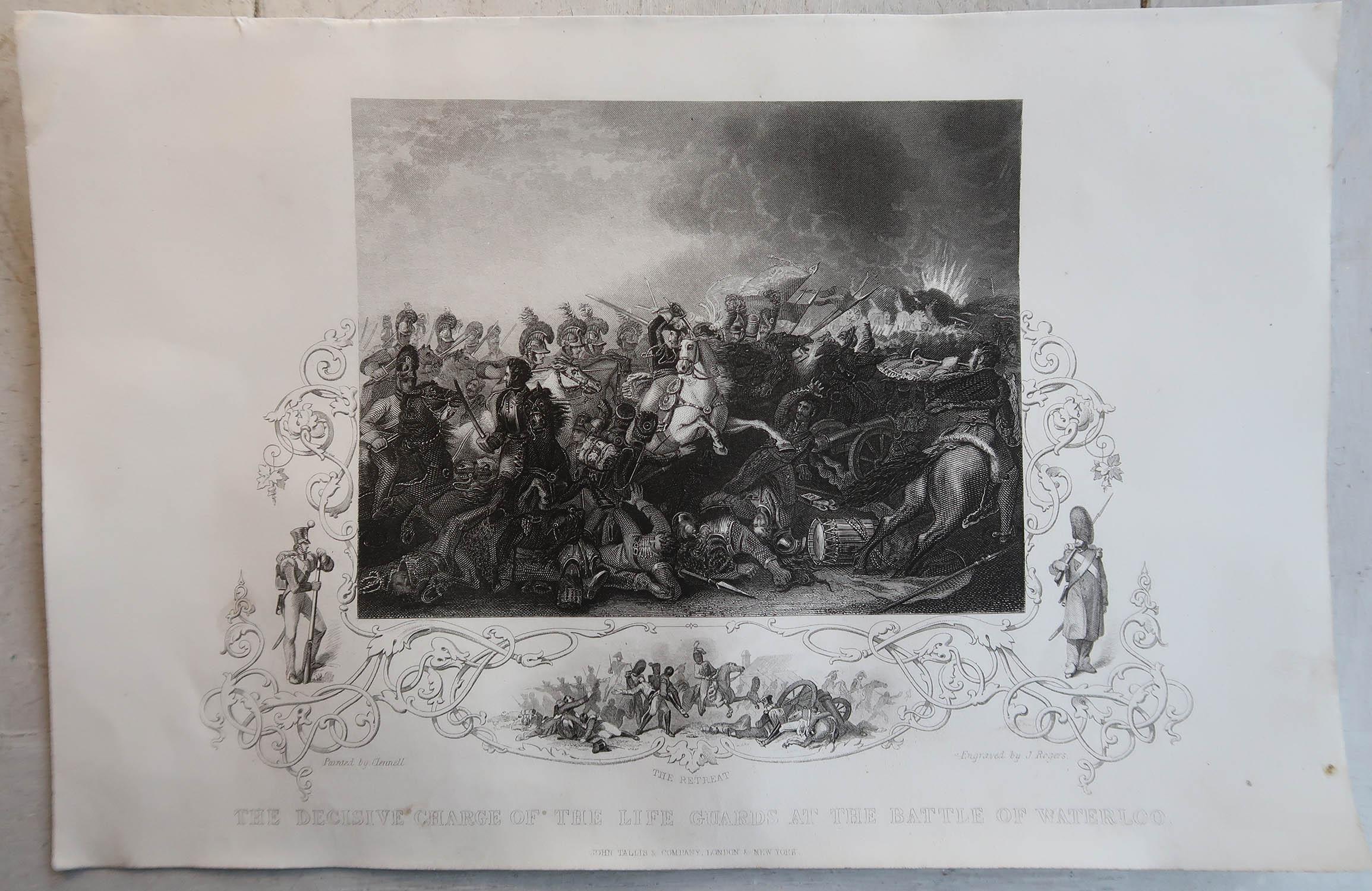 English Original Antique Print of The Battle of Waterloo. Circa 1850 For Sale