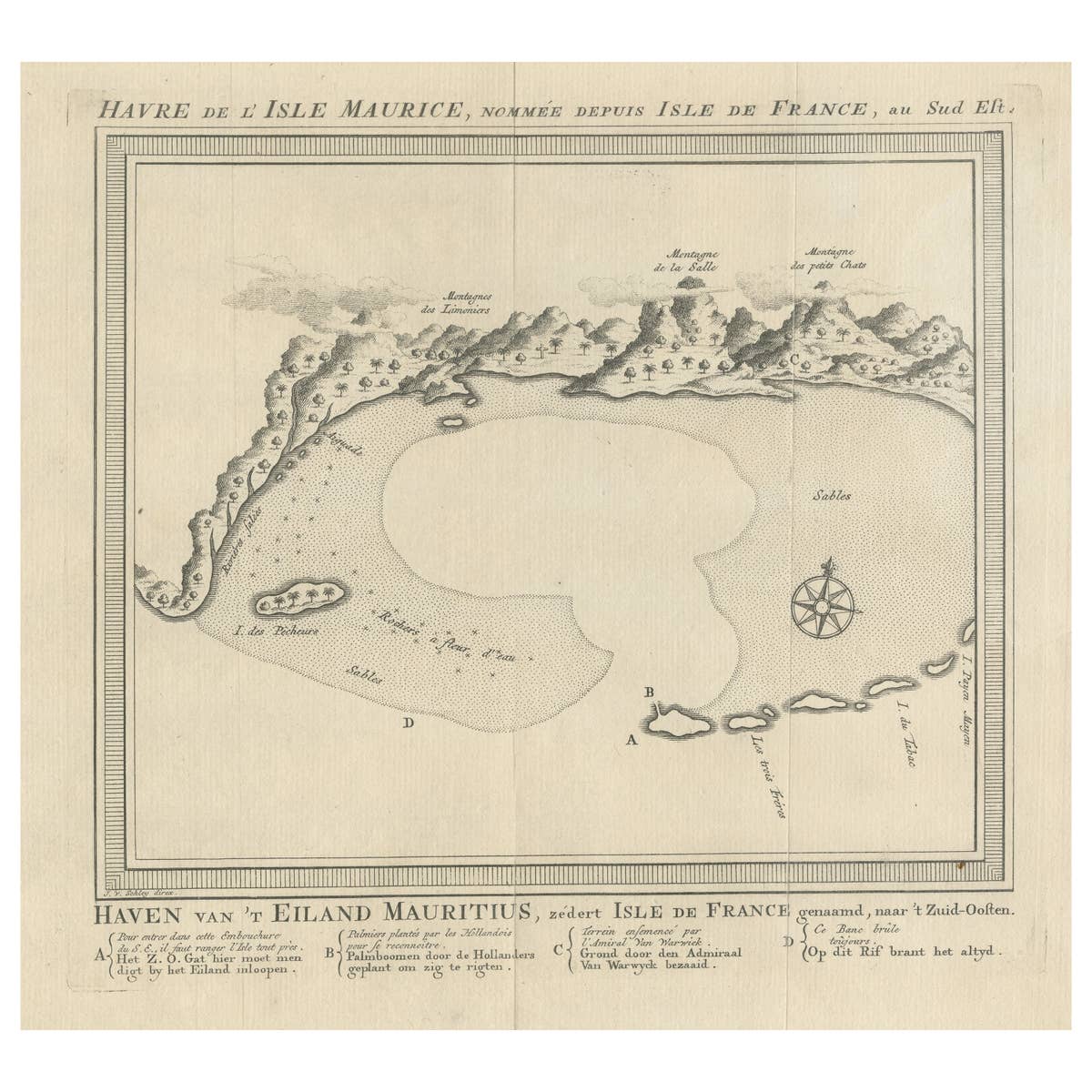 Original Antique Print of the Bay of the Island Mauritius, Indian Ocean