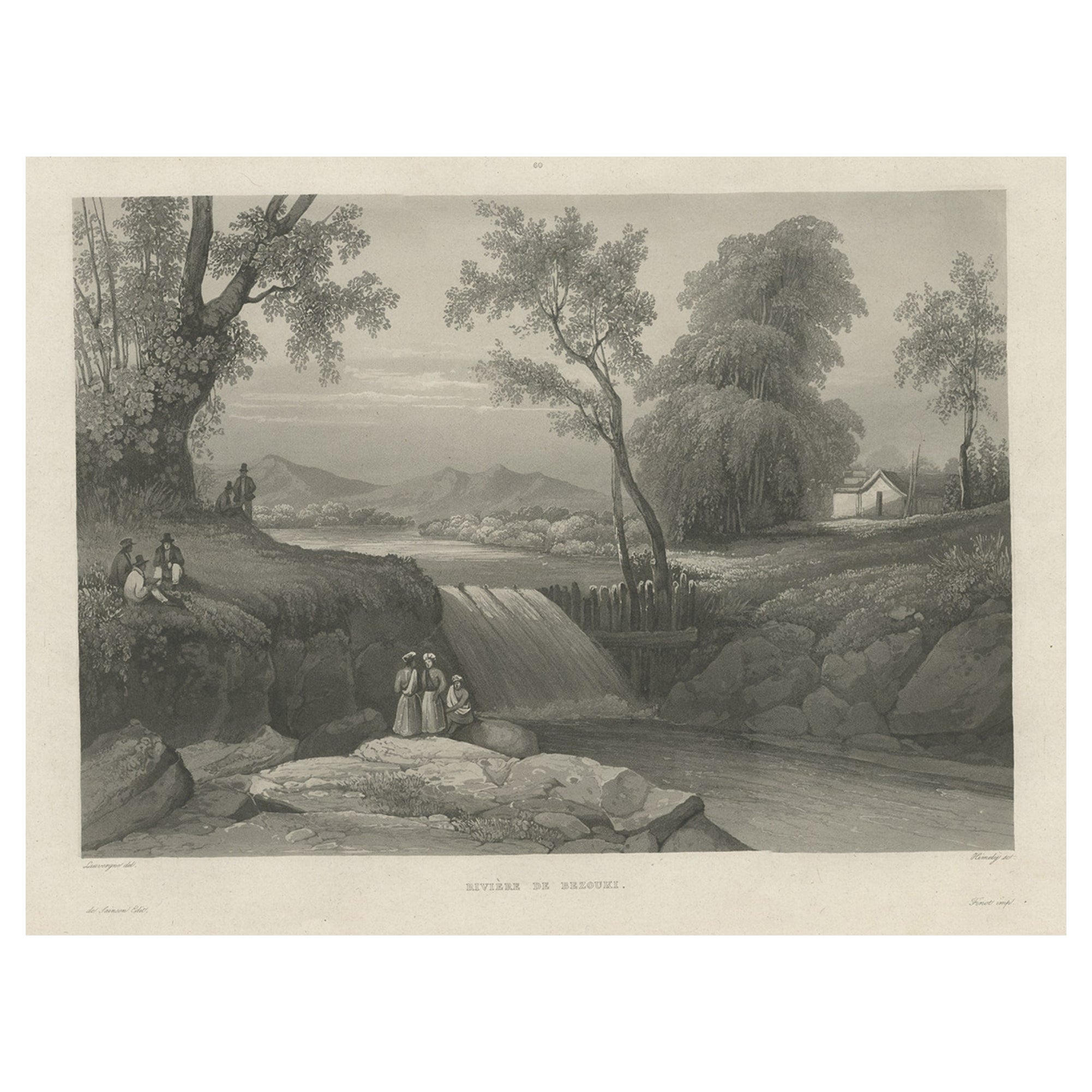 Impression ancienne originale de la rivière Bezouki ou Basuki «Java » en Indonésie, 1835