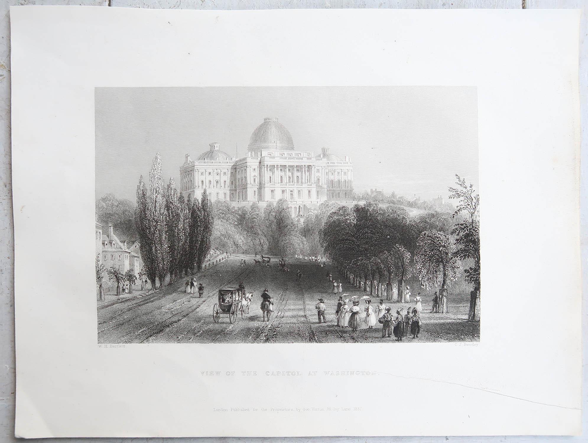 Grabado original antiguo de El Capitolio, Washington DC. Fechado en 1837 Inglés