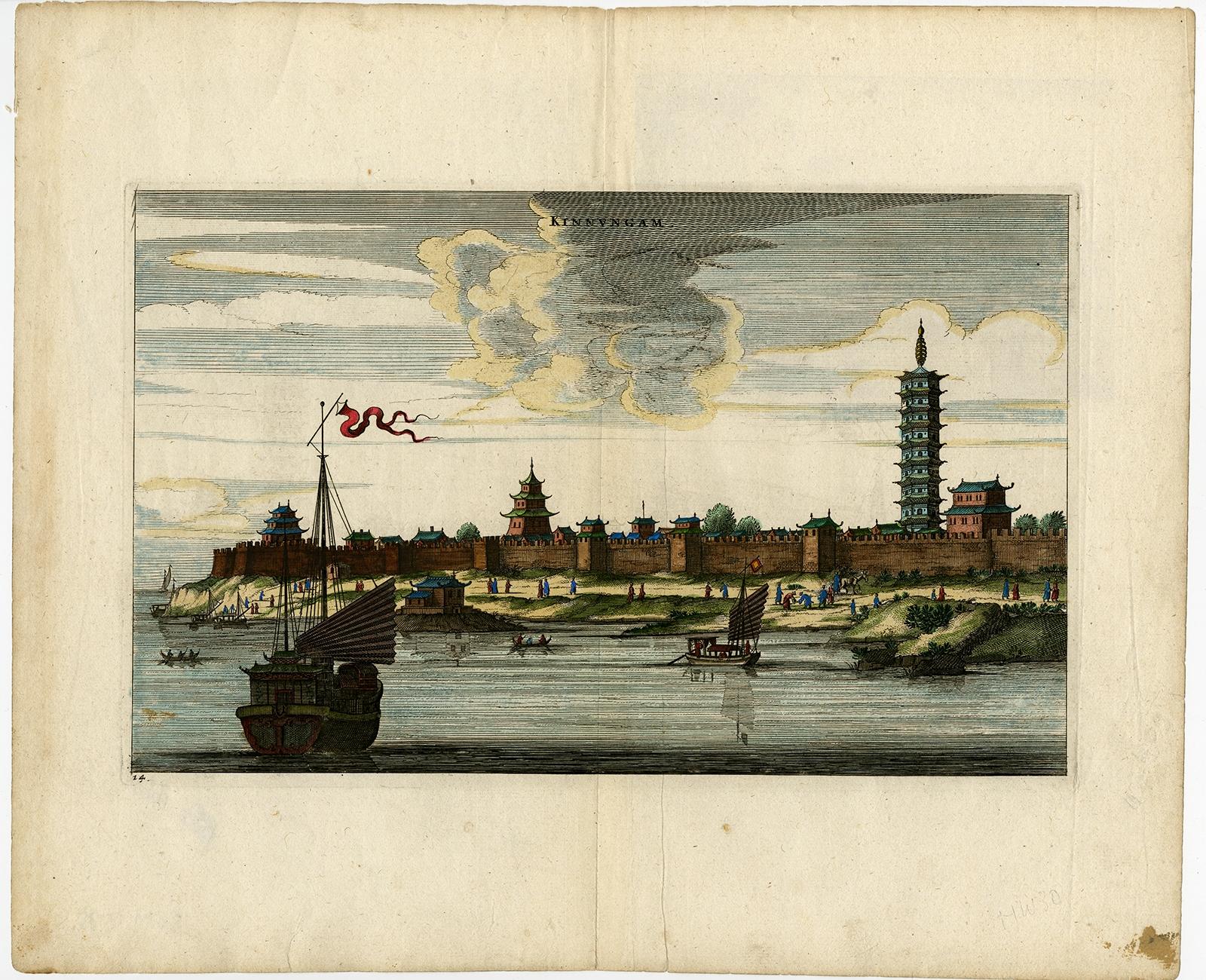 Antique print, titled: 'Kinnungam' 

View of the Chinese city of Kinnungam with its ramparts. Also depicted are ships and a pagoda can be seen as well.

Source unknown, to be determined.

Artists and Engravers: Made by 'Johan Nieuhof' after an