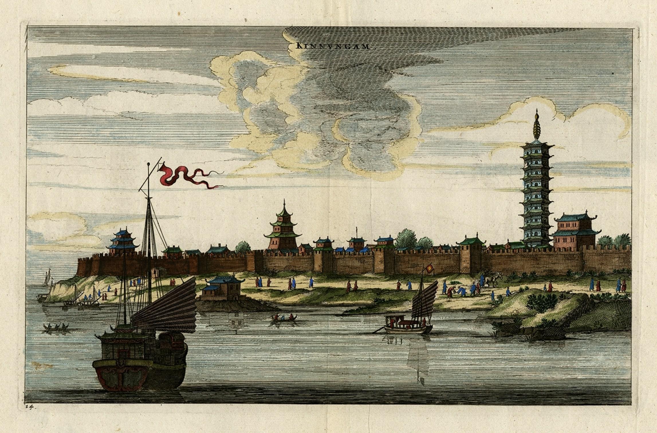 Original Antique Print of the Chinese City of Kinnungam with its Ramparts, 1665 In Good Condition For Sale In Langweer, NL