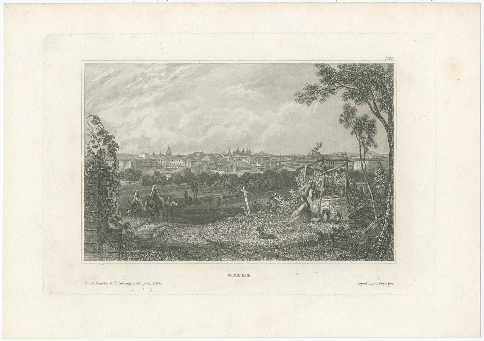 Antique print titled 'Madrid'. View of Madrid, Spain. Originates from 'Meyers Universum'. Published circa 1840. 

Joseph Meyer (May 9, 1796 - June 27, 1856) was a German industrialist and publisher, most noted for his encyclopedia, Meyers