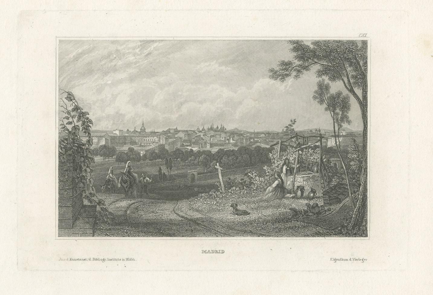 Original Antique Print of the City of Madrid, Spain In Good Condition For Sale In Langweer, NL