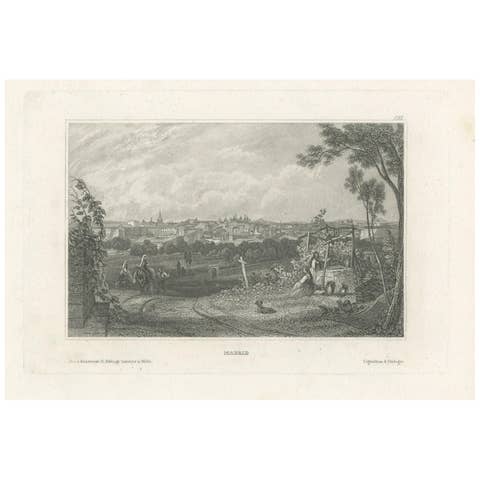 Original Antique Print of the City of Madrid, Spain