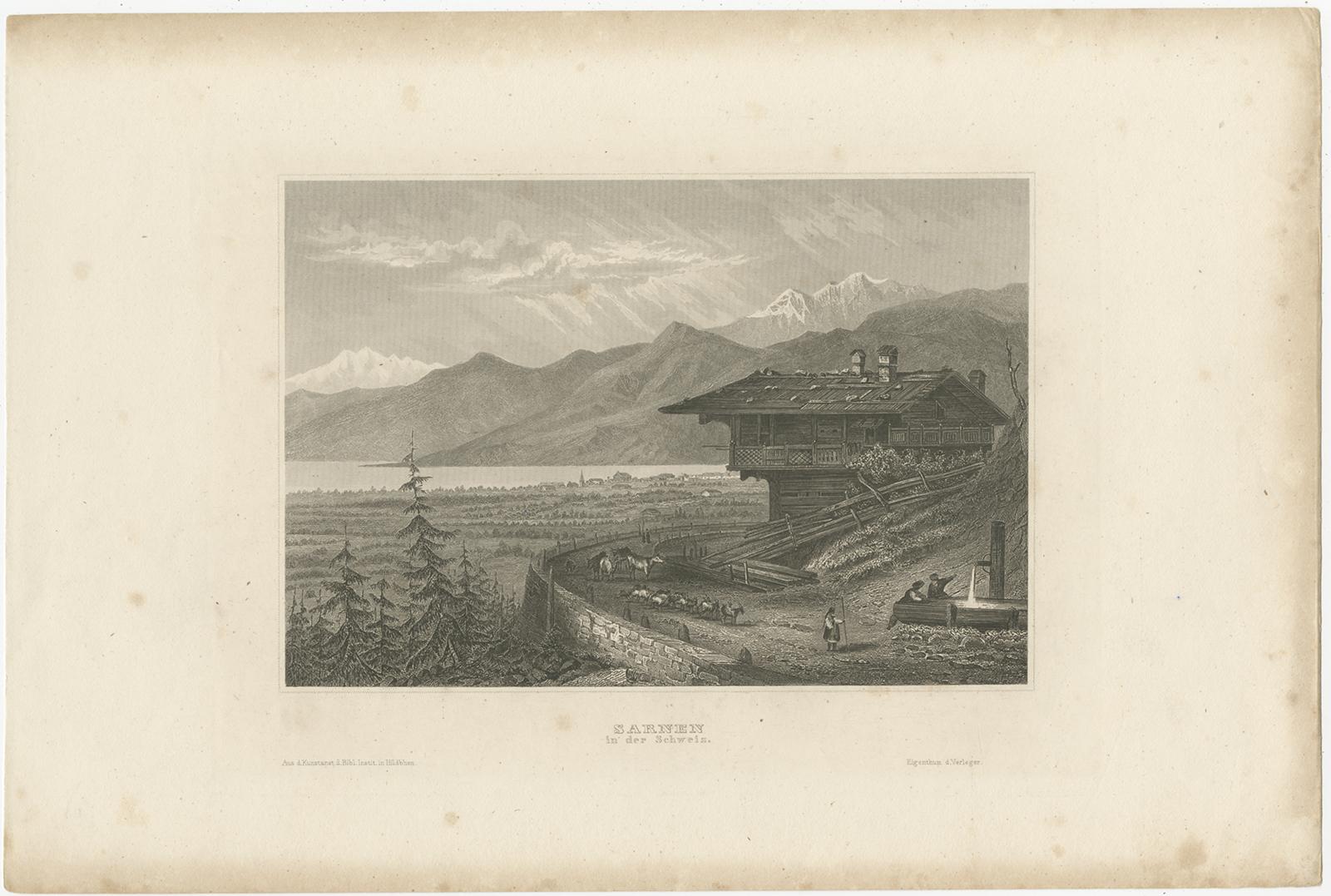 Antique print titled 'Sarnen in der Schweiz. View of Sarnen, Switzerland. Originates from 'Meyers Universum'. Published circa 1860. 

Joseph Meyer (May 9, 1796 - June 27, 1856) was a German industrialist and publisher, most noted for his