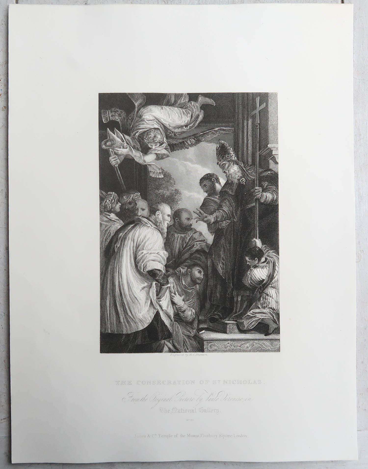 Rinascimento Stampa antica originale di La consacrazione di San Nicola di Veronese. C.1850 in vendita