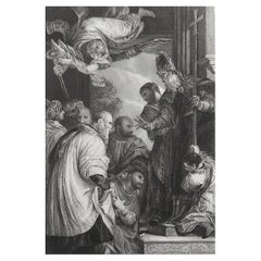 Grabado original antiguo de La Consagración de San Nicolás según Veronese. C.1850