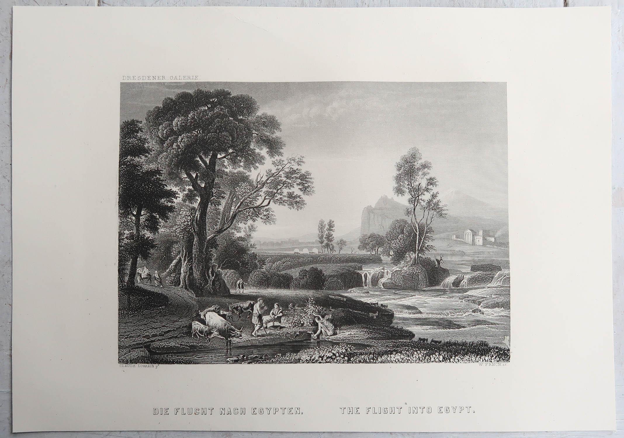 Renaissance Impression ancienne originale du vol vers l'Égypte d'après Claude Lorrain . C.1850 en vente