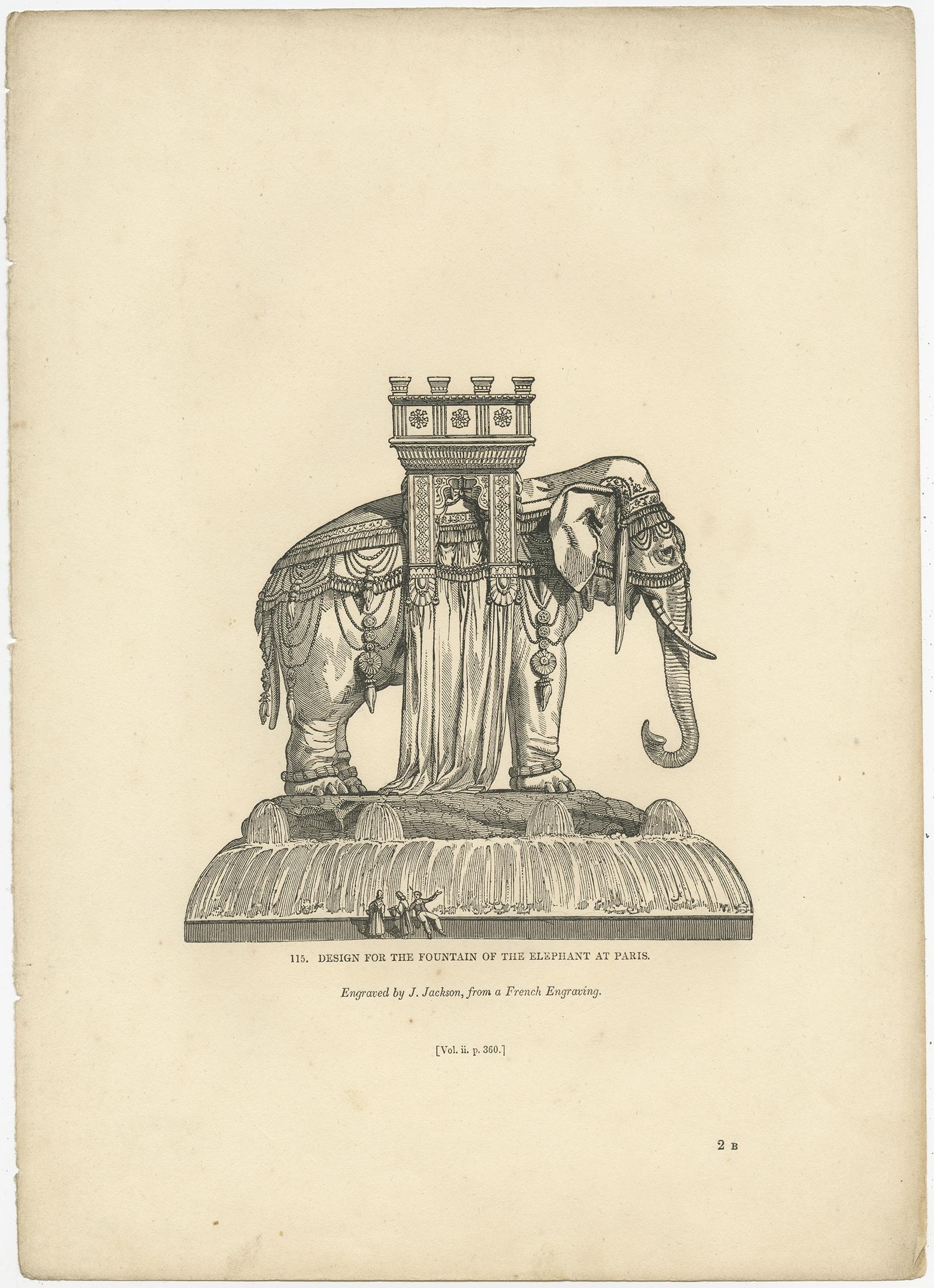 Antique print titled 'Design for the Fountain of the Elephant at Paris'. 

Old print of the fountain of the elephant in Paris, France. This print originates from 'One Hundred and Fifty Wood Cuts selected from the Penny Magazine'. 

Artists and