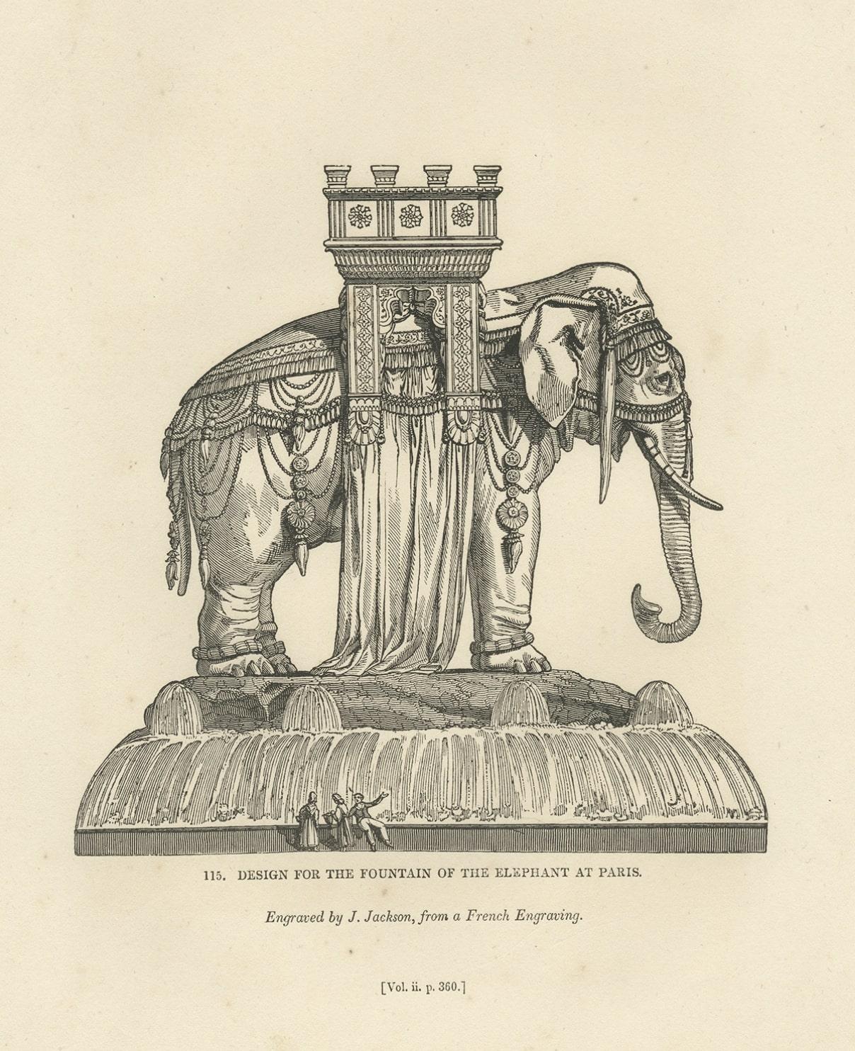 Original Antique Print of the Fountain of the Elephant in Paris, France, 1835 In Good Condition In Langweer, NL