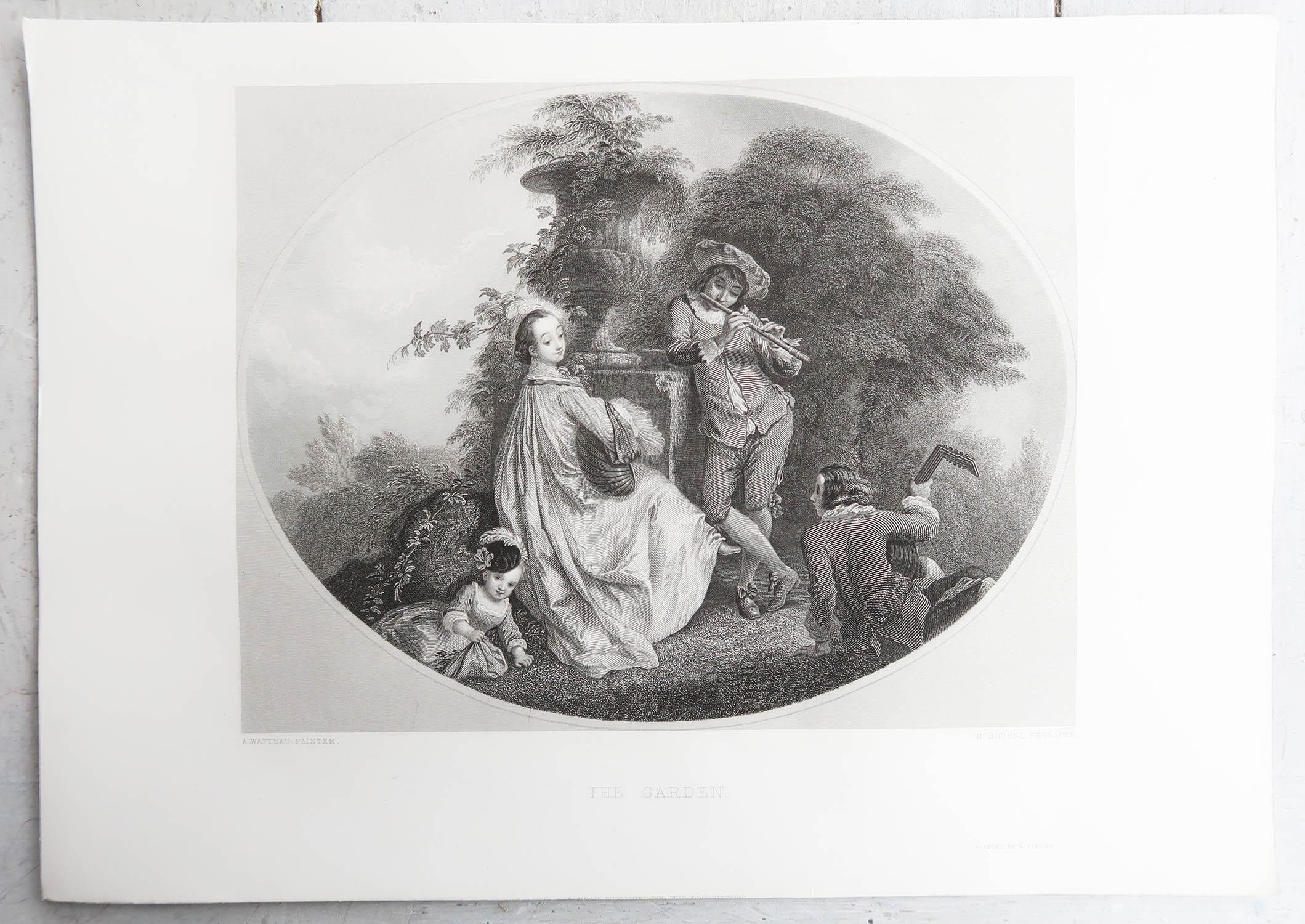 English Original Antique Print of The Garden After Antoine Watteau. C.1850 For Sale