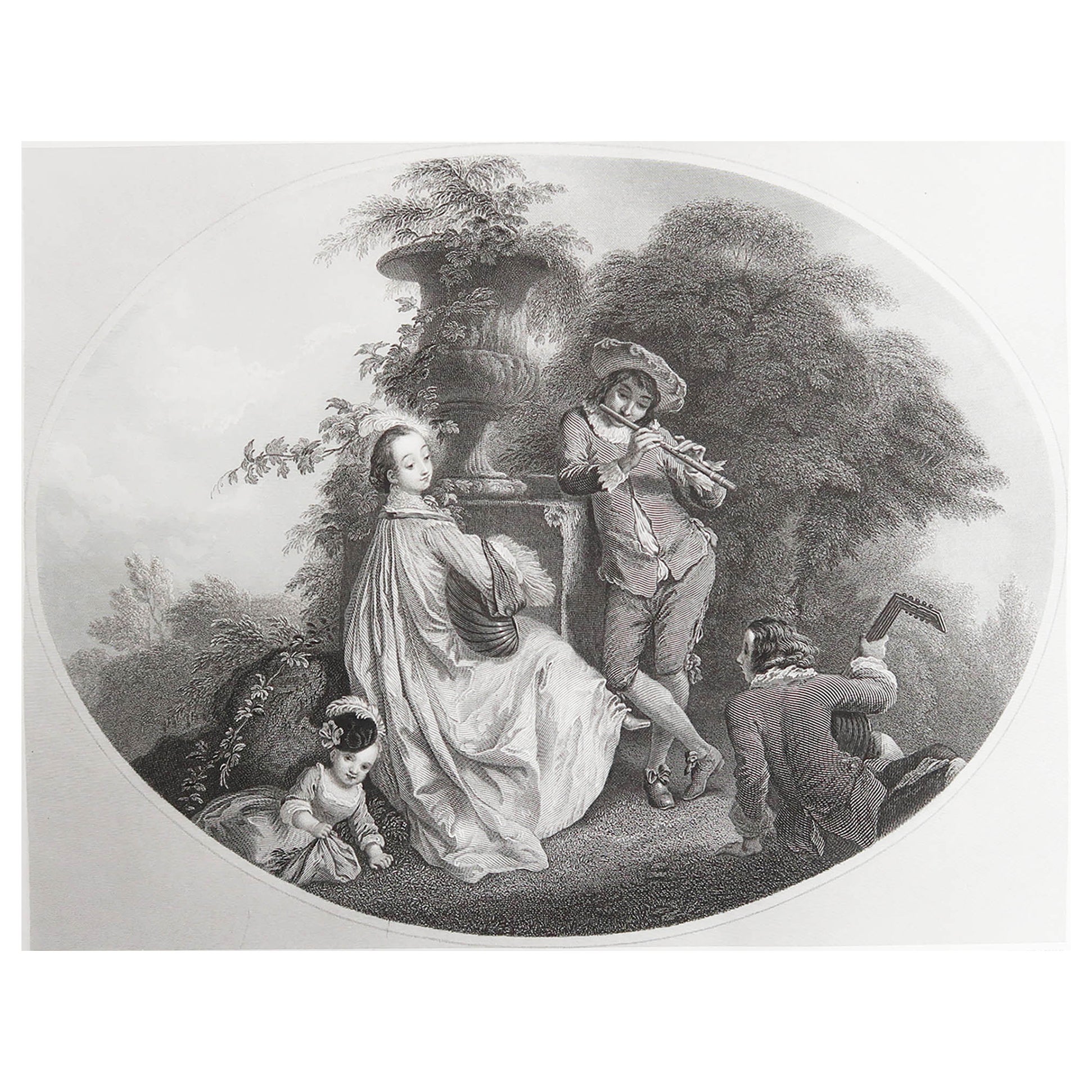Stampa antica originale di Il giardino di Antoine Watteau. C.1850
