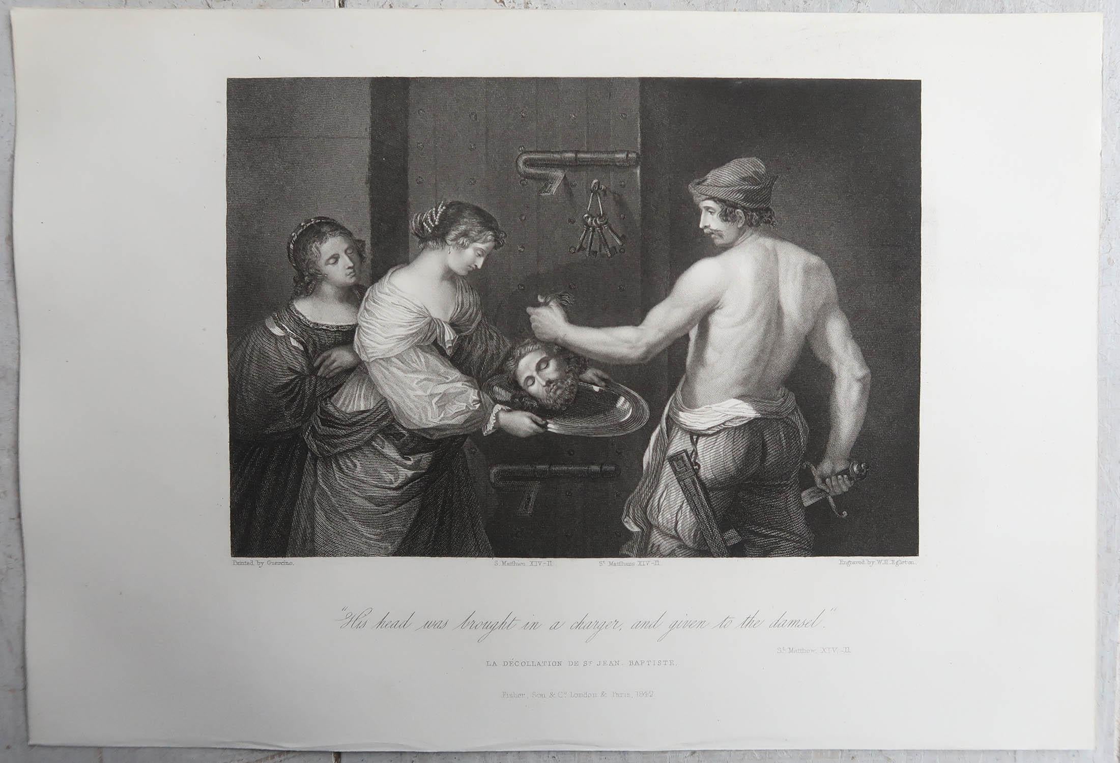Anglais Impression ancienne originale de la tête de John le Baptiste d'après Guercino. C.1850