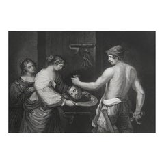 Impression ancienne originale de la tête de John le Baptiste d'après Guercino. C.1850