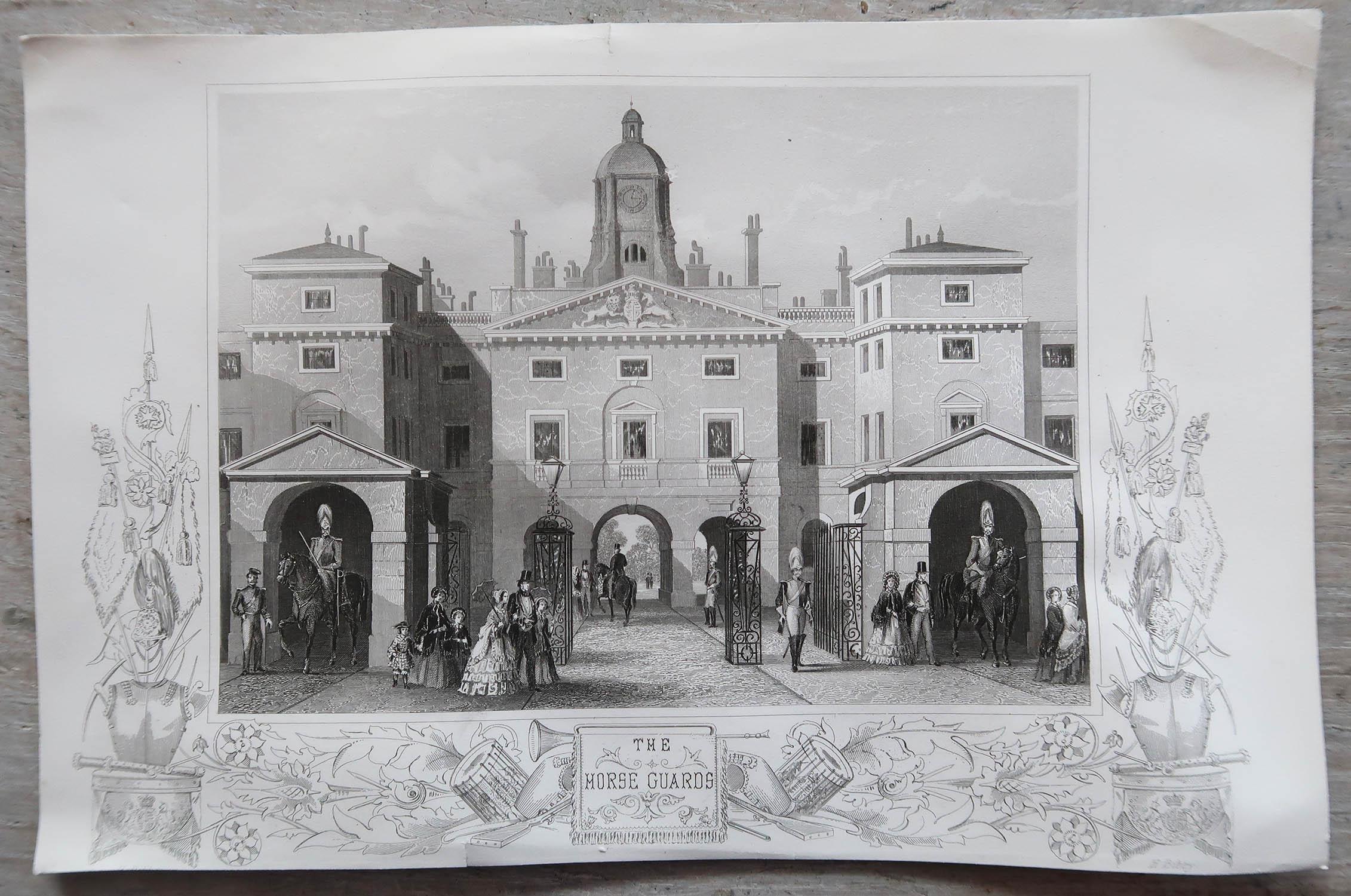English Original Antique Print of The Horse Guards, London, England. C.1860 For Sale