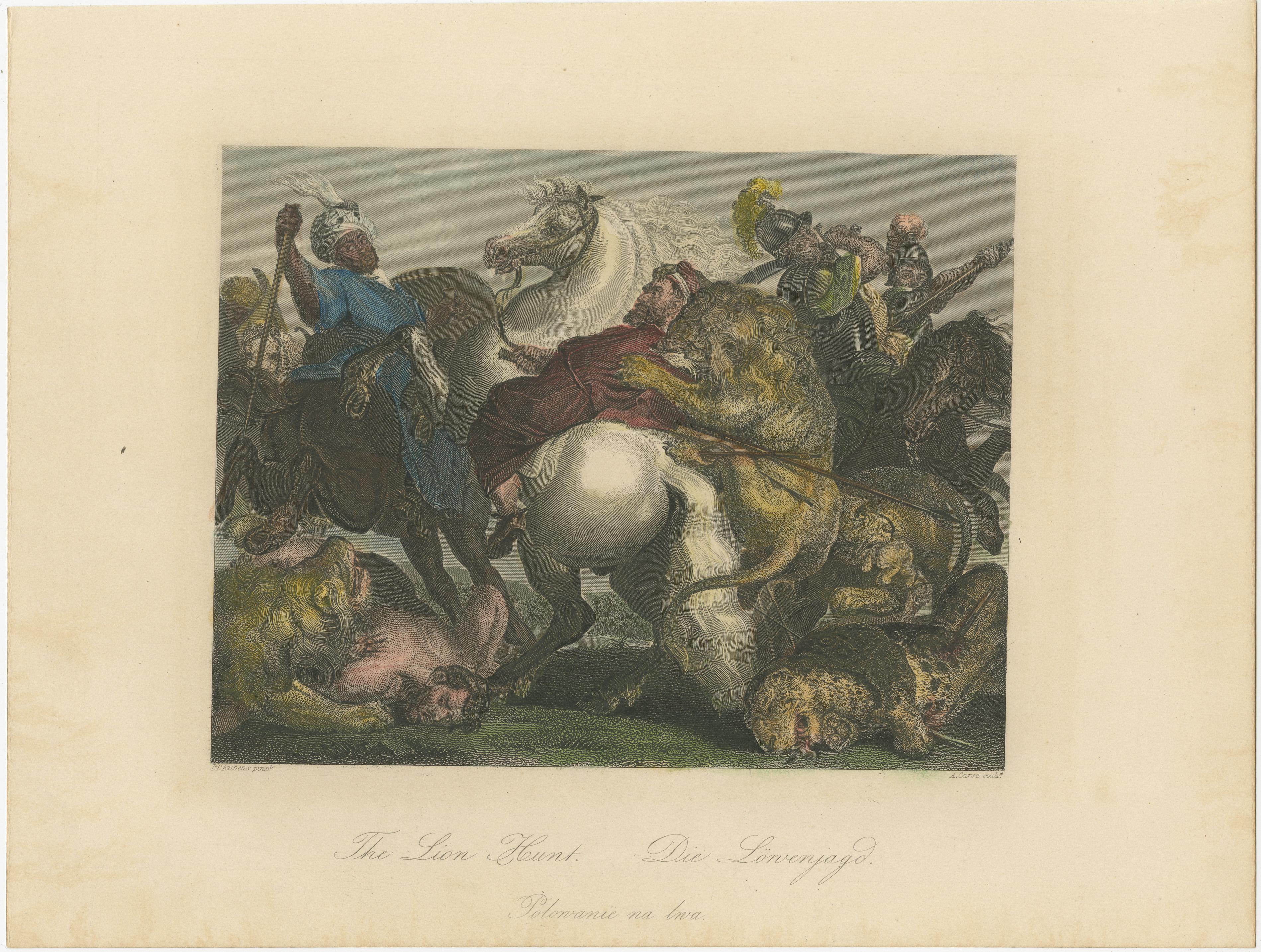Antique print titled 'The Lion Hunt - Die Löwenjagd'. Steel engraving by Carse, engraved after a painting by P.P. Rubens. Published circa 1850. 

The Lion Hunt is a 1621 painting by Peter Paul Rubens, now held in the Alte Pinakothek in Munich. It