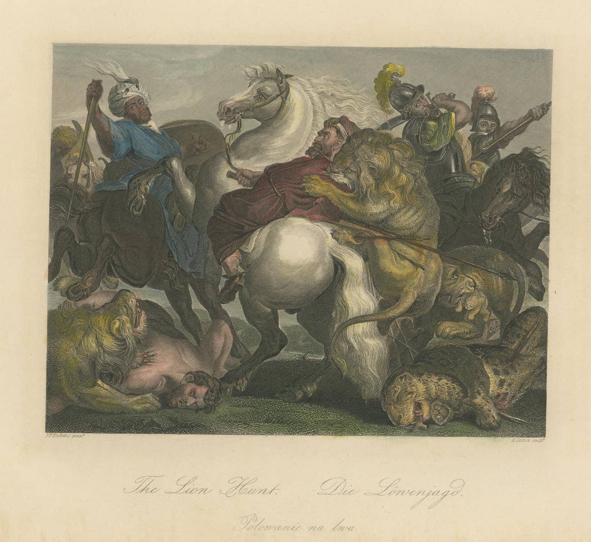 Original Antique Print of the Lion Hunt Made After the Painting by P.P. Rubens