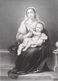 Original Antique Print of The Madonna And Child After Murillo. C.1850