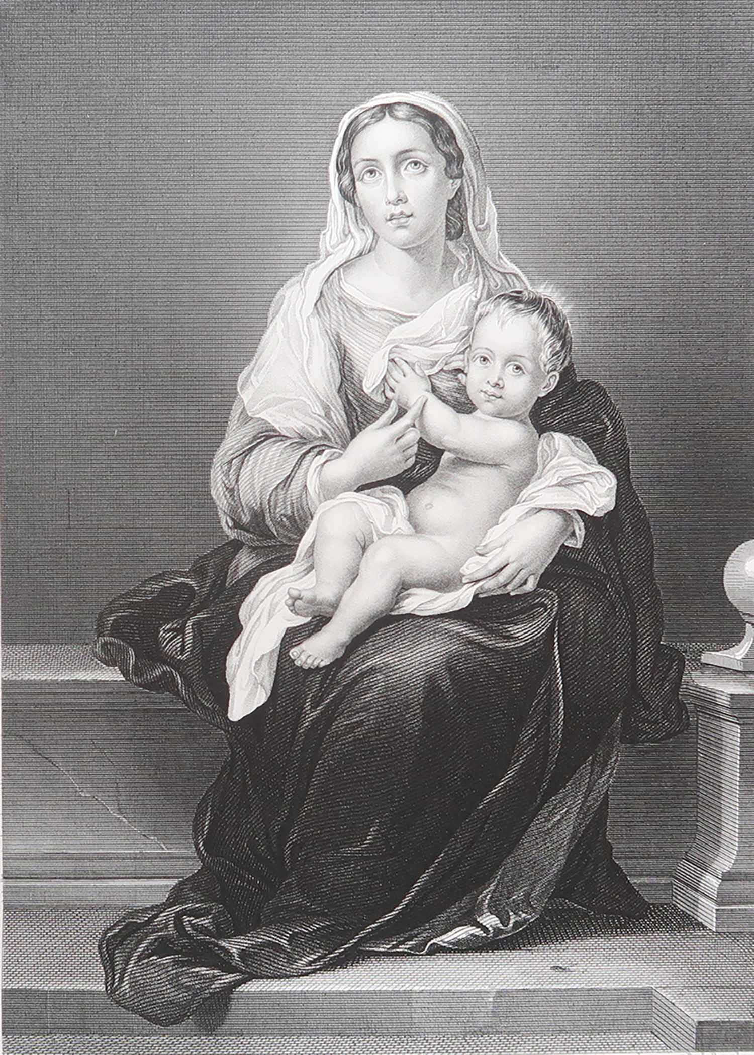 Original-Antikdruck von „Die Madonna mit dem Kind“ nach Murillo. C.1850 im Angebot