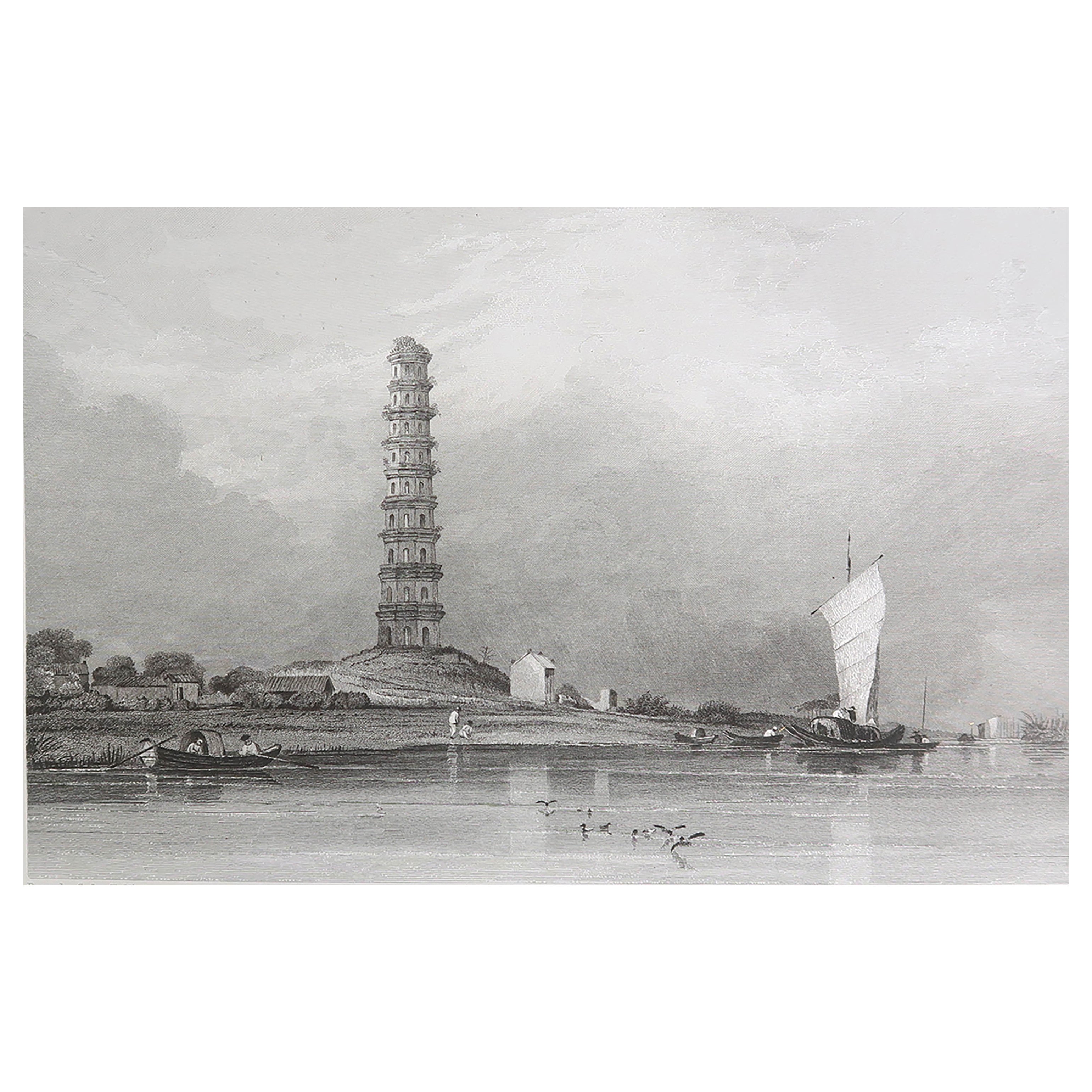 Original Antique Print of The Pazhou Pagoda, Guangzhou, China. Dated 1831