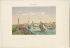 Stampa antica originale del porto di Calais, Francia, 1860 ca.