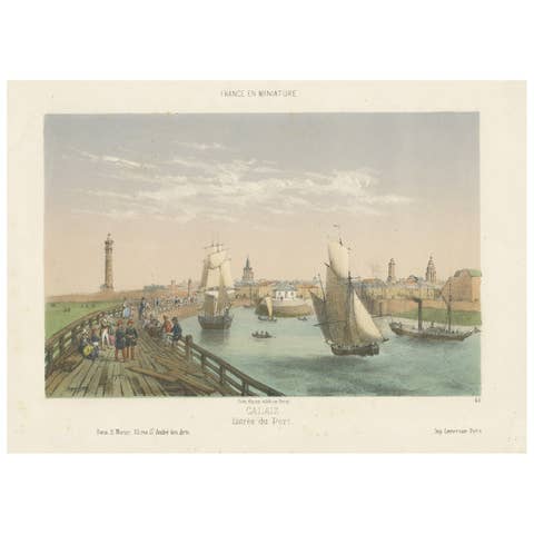 Original Antique Print of the Port of Calais, France, ca.1860