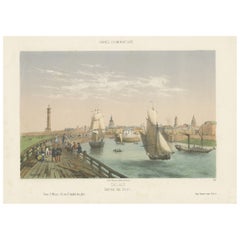 Grabado original antiguo del Puerto de Calais, Francia, ca.1860