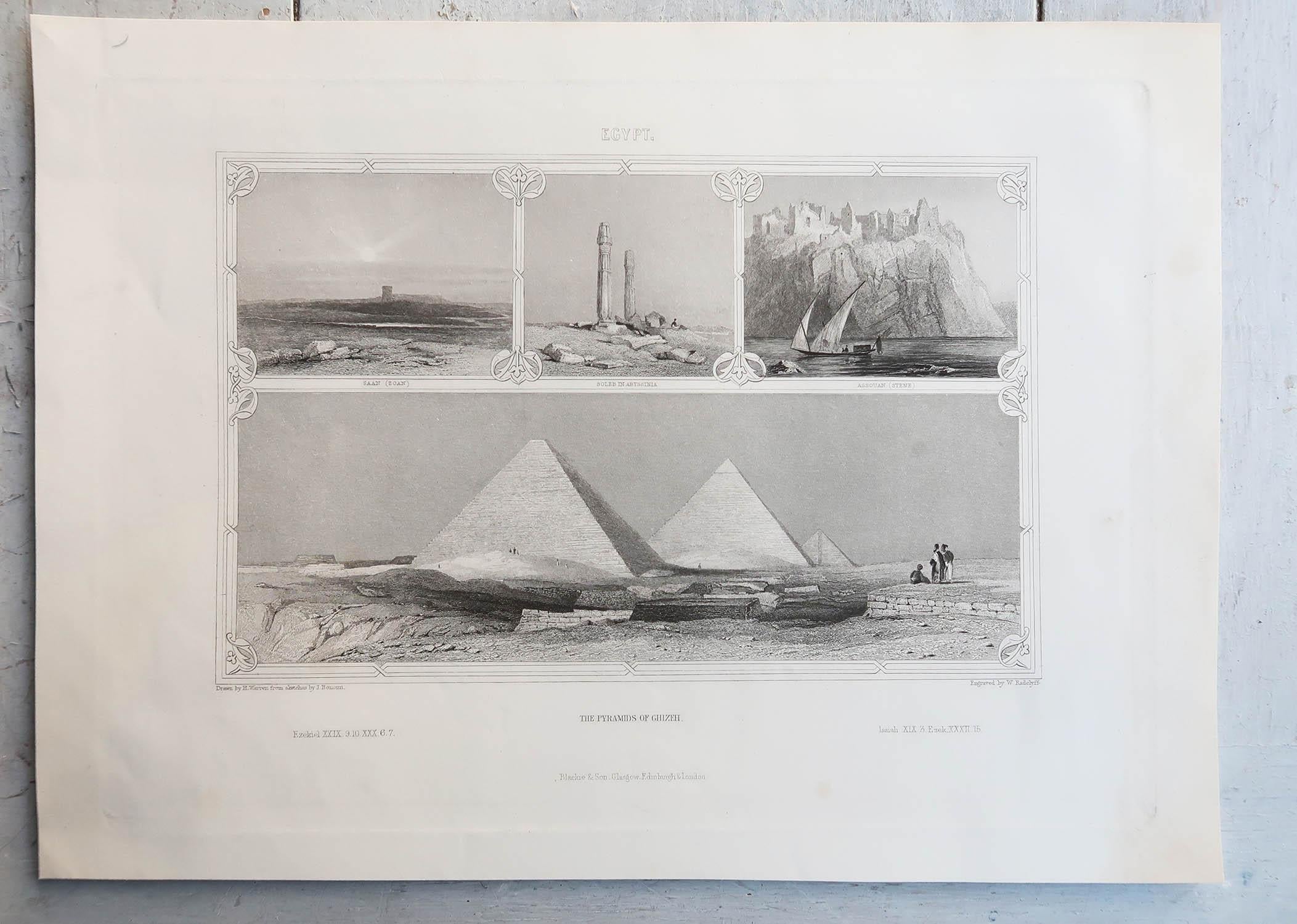 Égyptien Impression ancienne originale des pyramides de Giza, en Égypte C.1850