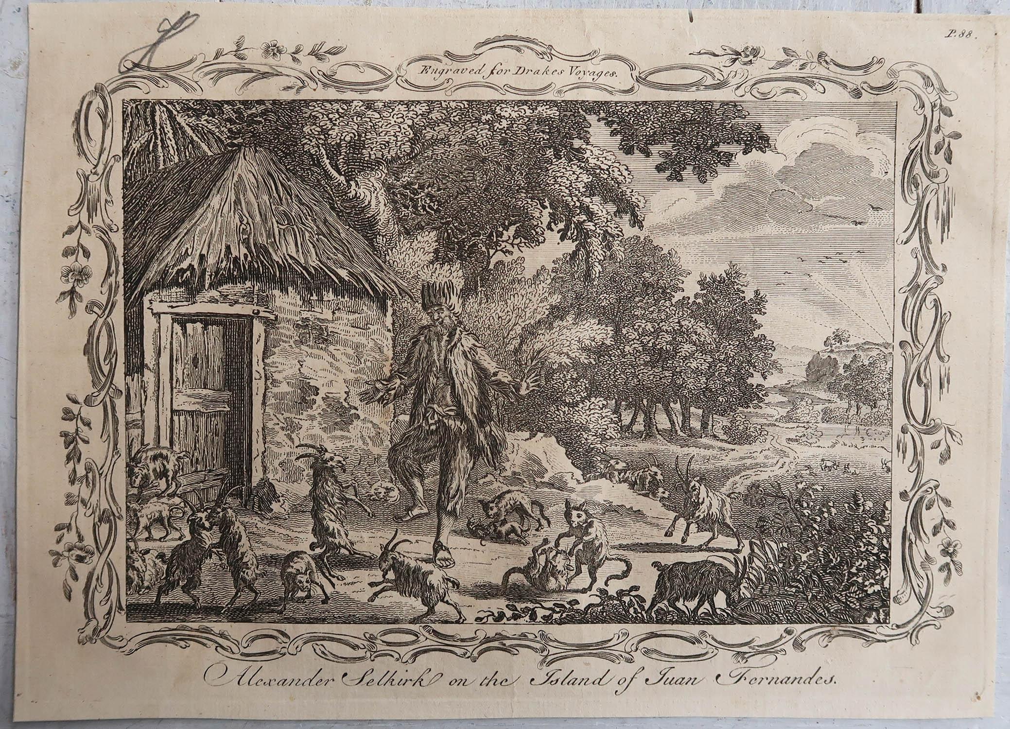 English Original Antique Print of The Real Robinson Crusoe. C.1780 For Sale