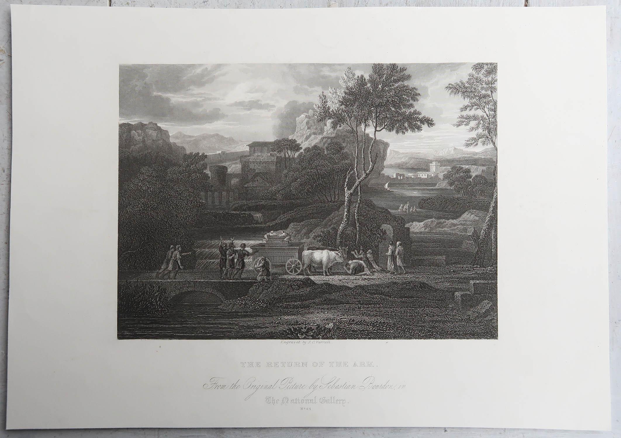 Inglese Stampa antica originale de Il ritorno dell'arca di Sebastien Bourdon. C.1850 in vendita