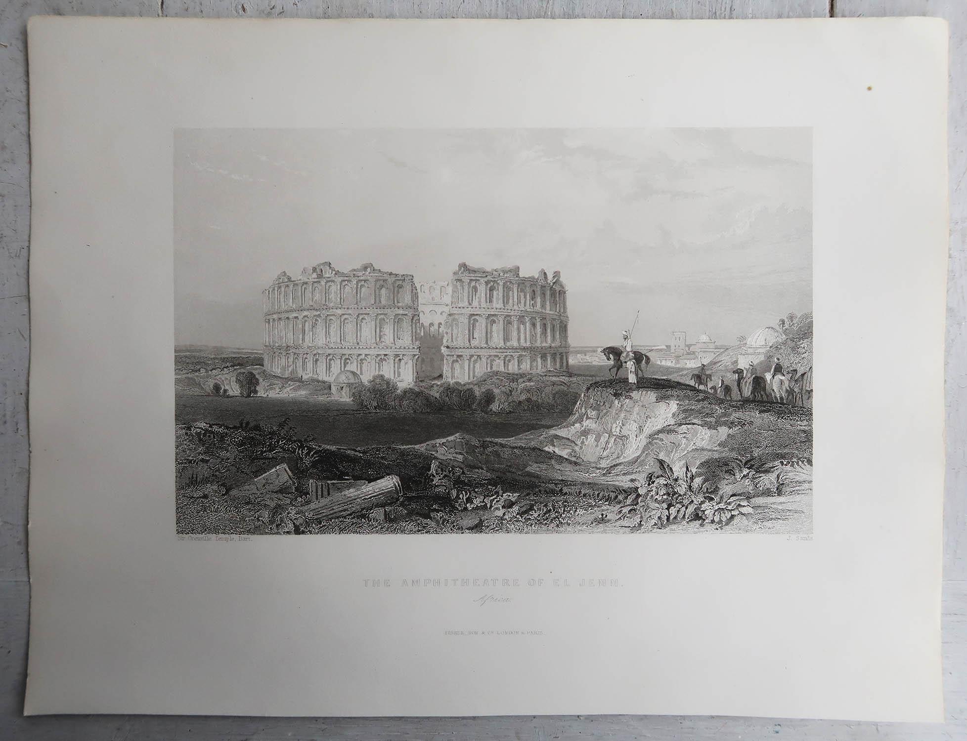 Original Antiker antiker Druck des römischen Amphitheatres von El Jem, Tunesien. C.1840 (Englisch) im Angebot