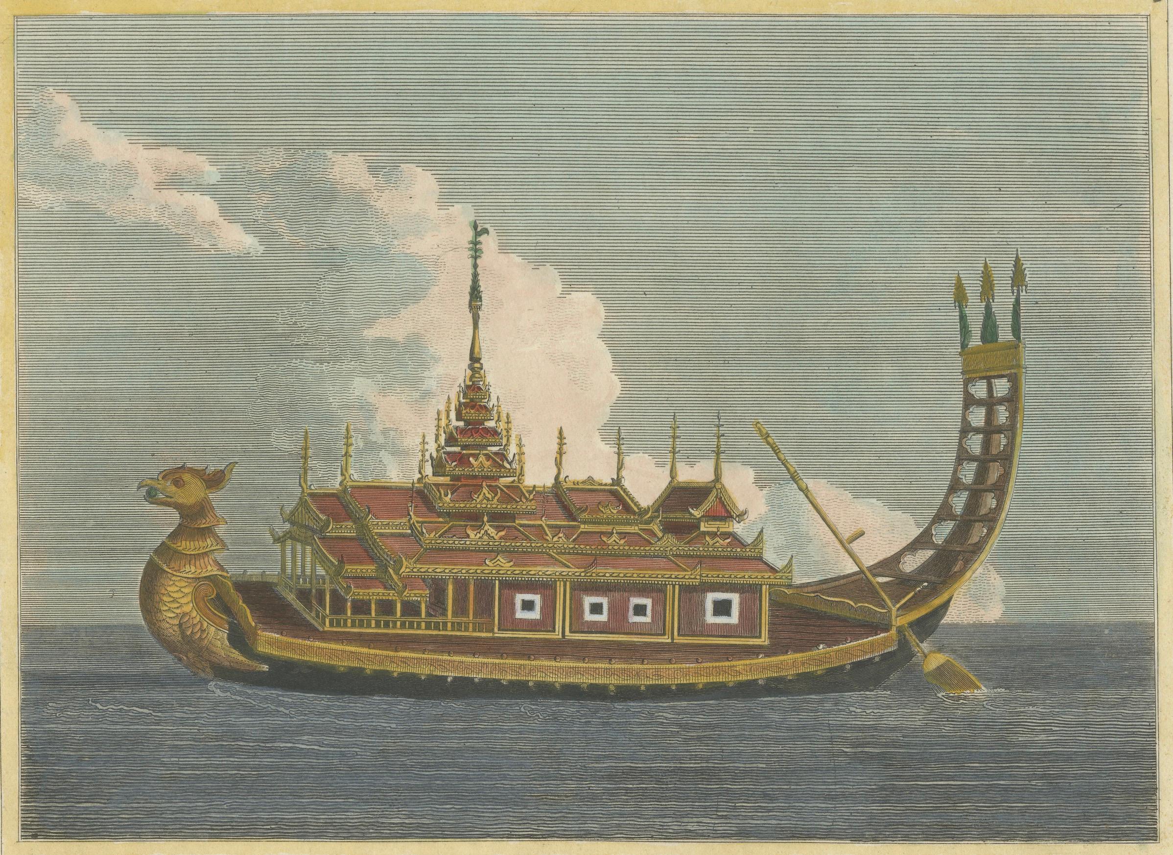 Engraved Original Antique Print of The Royal Golden Barge, Myanmar (Burma), C.1795 For Sale