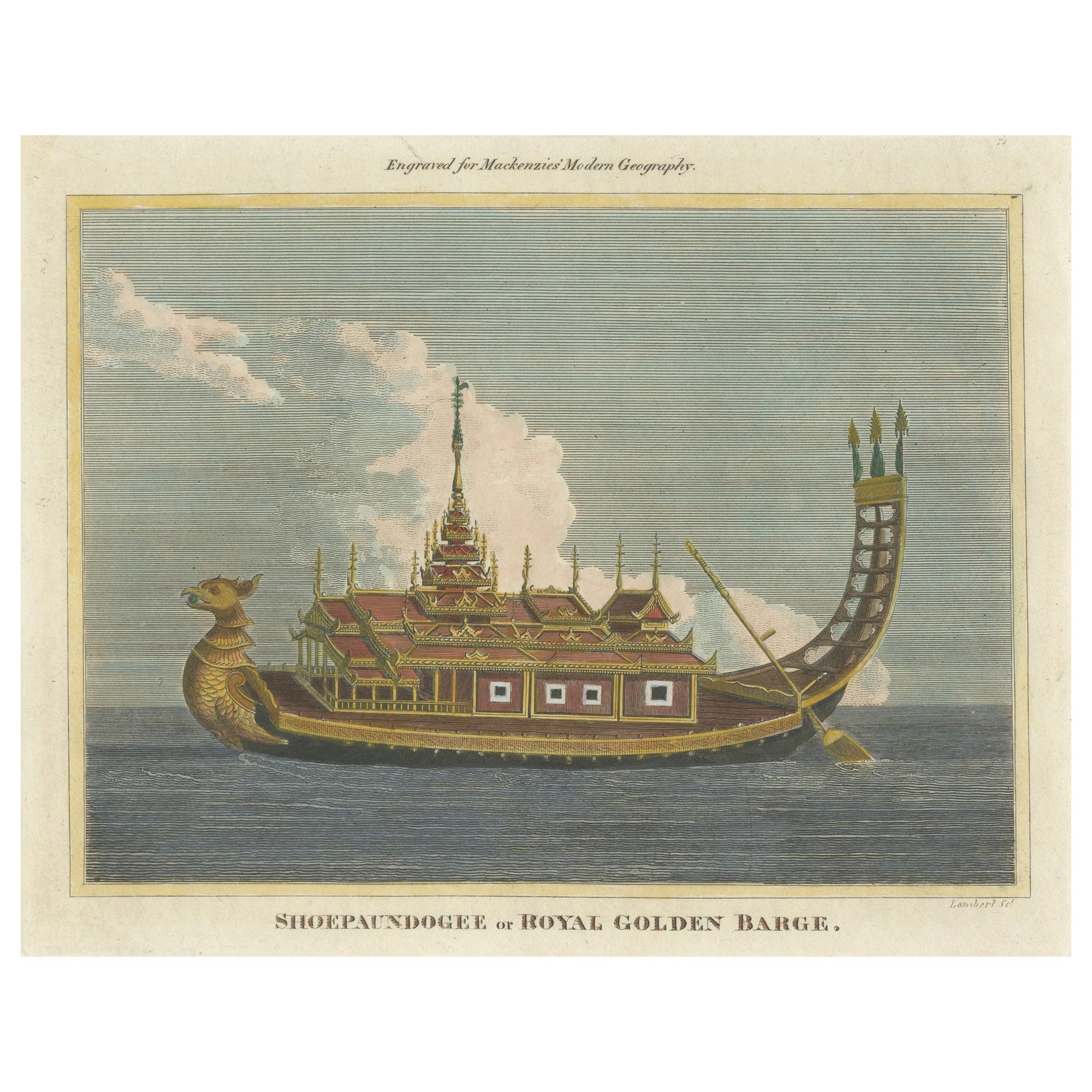 Impression ancienne originale de la Royal Golden Barge, Myanmar ( Birmanie), vers 1795 en vente