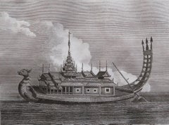 Stampa antica originale della Chiatta Reale d'Oro, Myanmar. C.1800