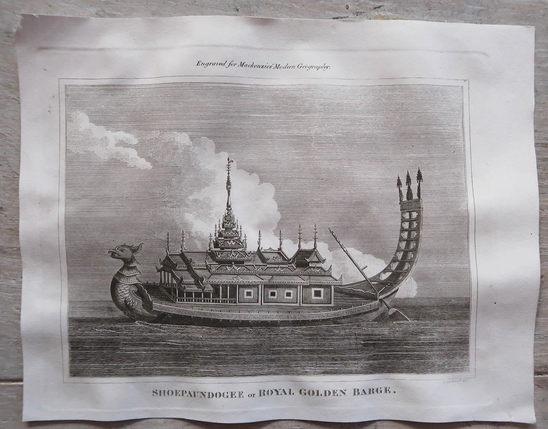 Chinoiserie Original Antique Print of The Royal Golden Barge, Myanmar. C.1800 For Sale