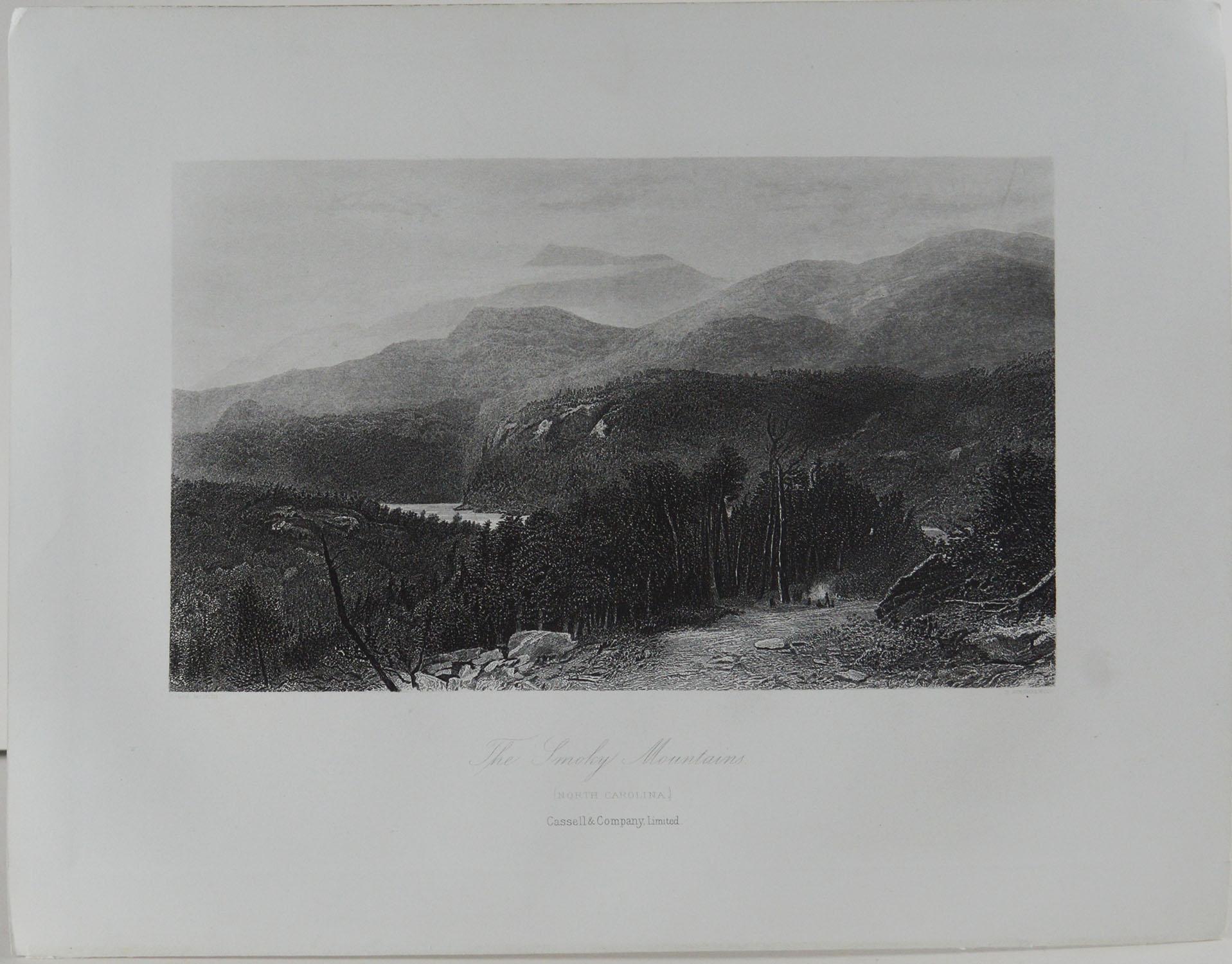 Great print of the Smoky Mountains, North Carolina

Steel engraving after the original drawing by H.Marten

Published circa 1870

Unframed.
 