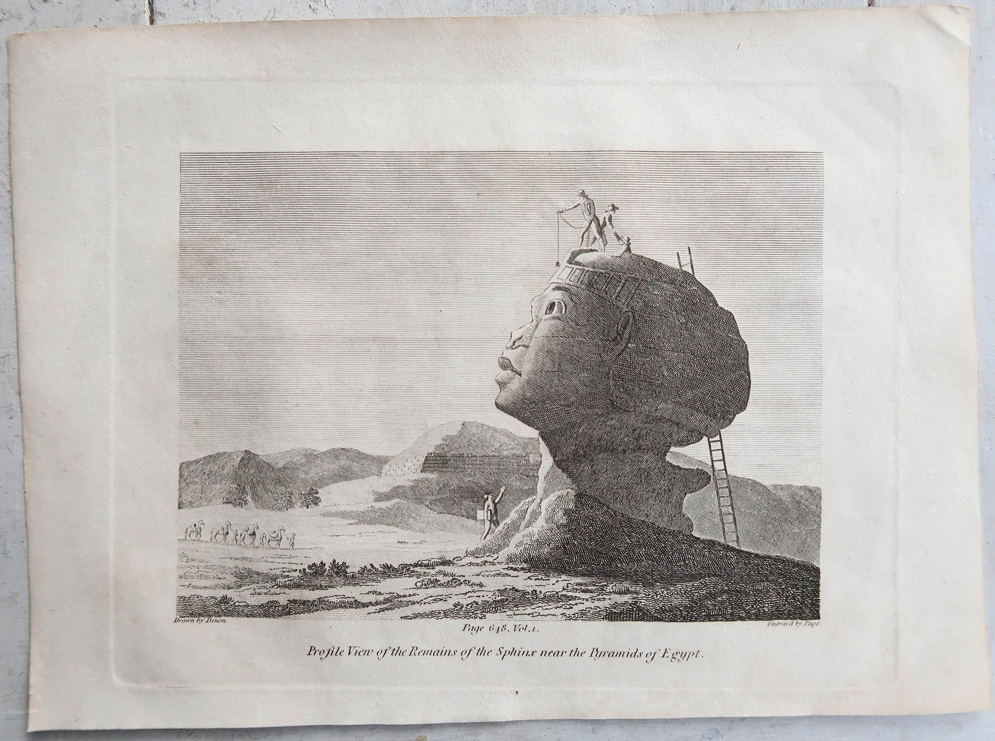 English Original Antique Print of The Sphinx of Giza, Egypt. C.1810 For Sale