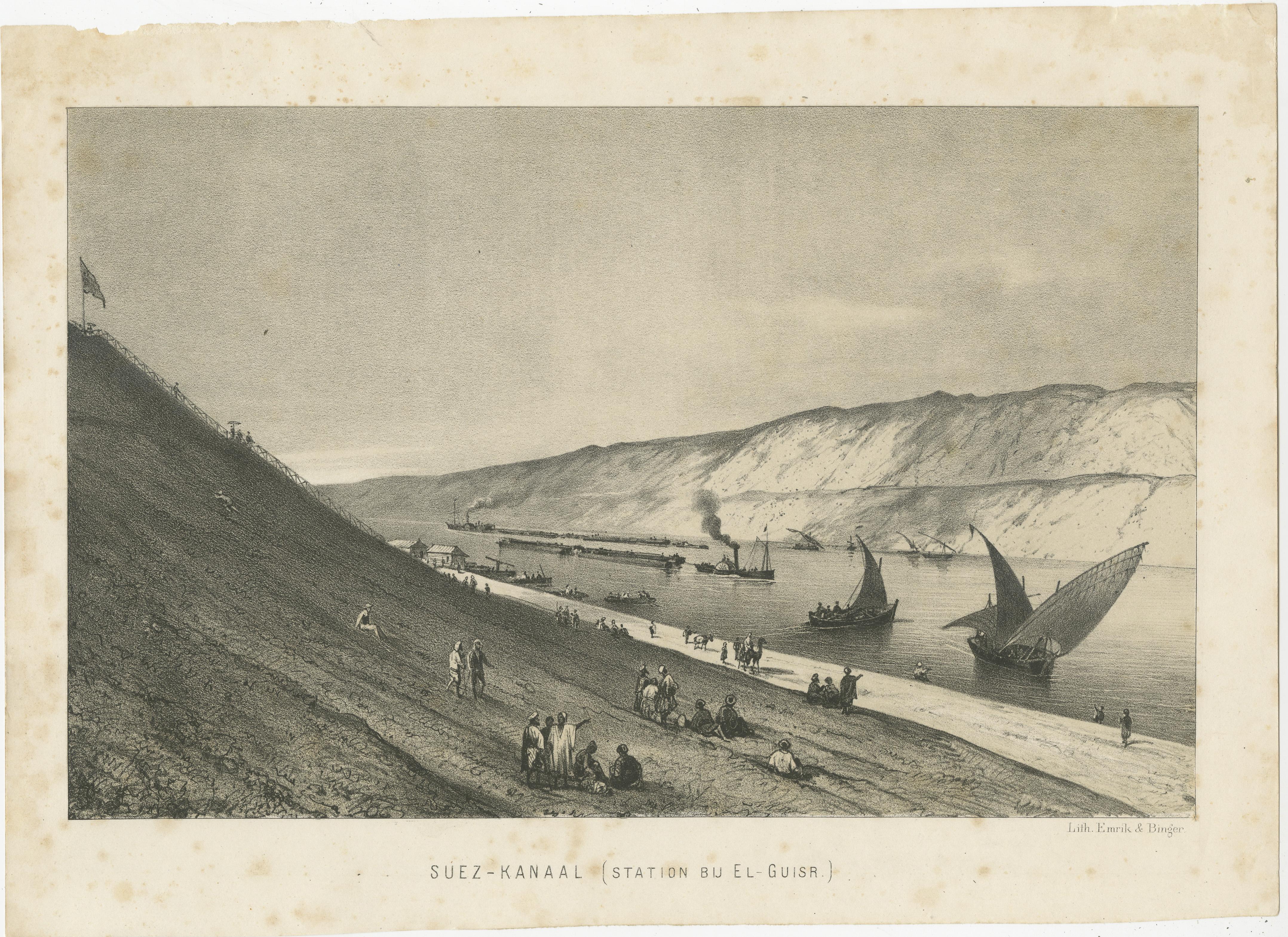 Antique print titled 'Suez-Kanaal (Station bij El-Guisr)'. View of the Suez Canal, an artificial sea-level waterway in Egypt. Lithographed by Emrik & Binger. Published circa 1880. 