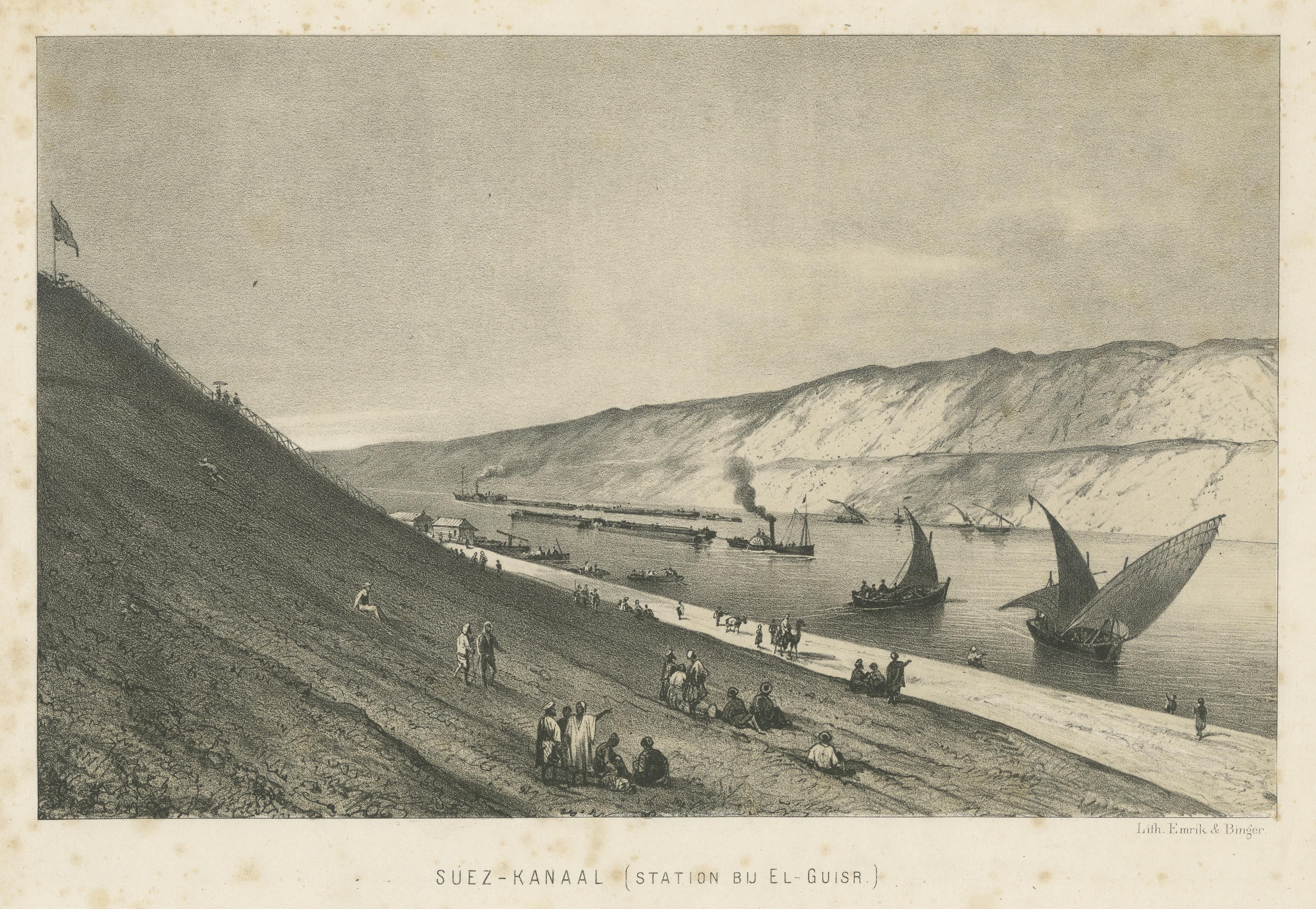 Original Antique Print of the Suez Canal, Egypt In Fair Condition For Sale In Langweer, NL