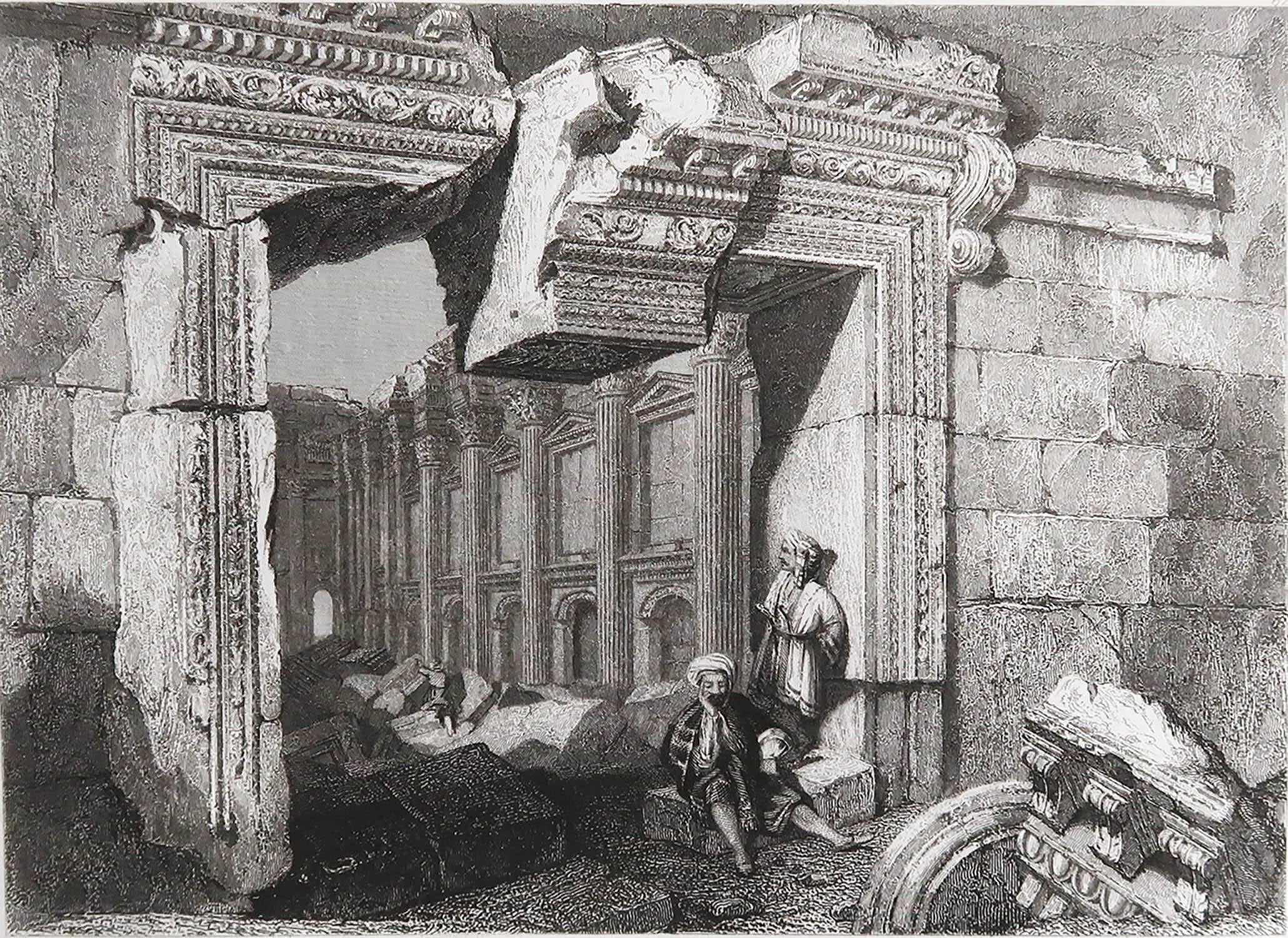 Wonderful image of The Temple of Baalbek gate

Fine steel engraving by Finden after C.Stanfield

Published by Murray. Dated 1835

Unframed.

