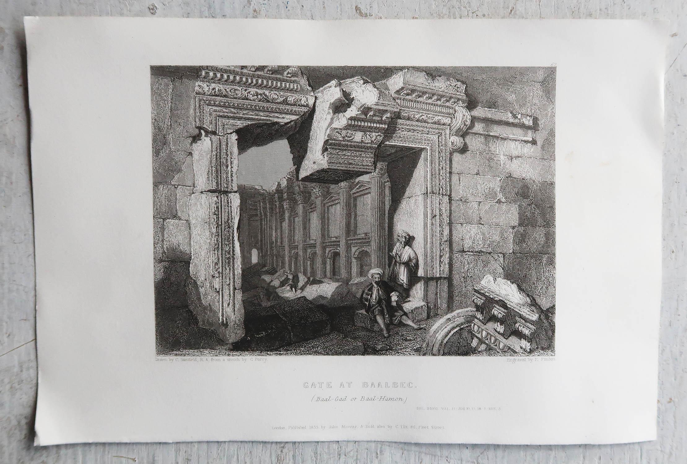 English Original Antique Print of the Temple of Baalbek Gate, Lebanon. Dated 1835 For Sale