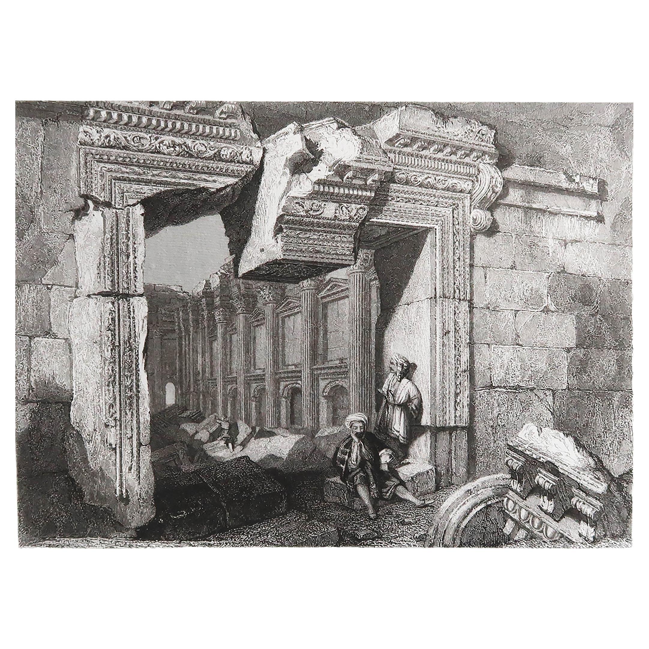 Impression ancienne originale du temple de la porte de Baalbek, Liban. Daté de 1835
