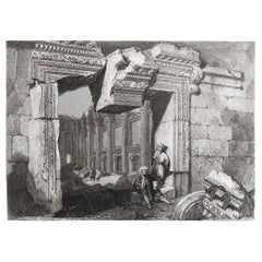 Impression ancienne originale du temple de la porte de Baalbek, Liban. Daté de 1835