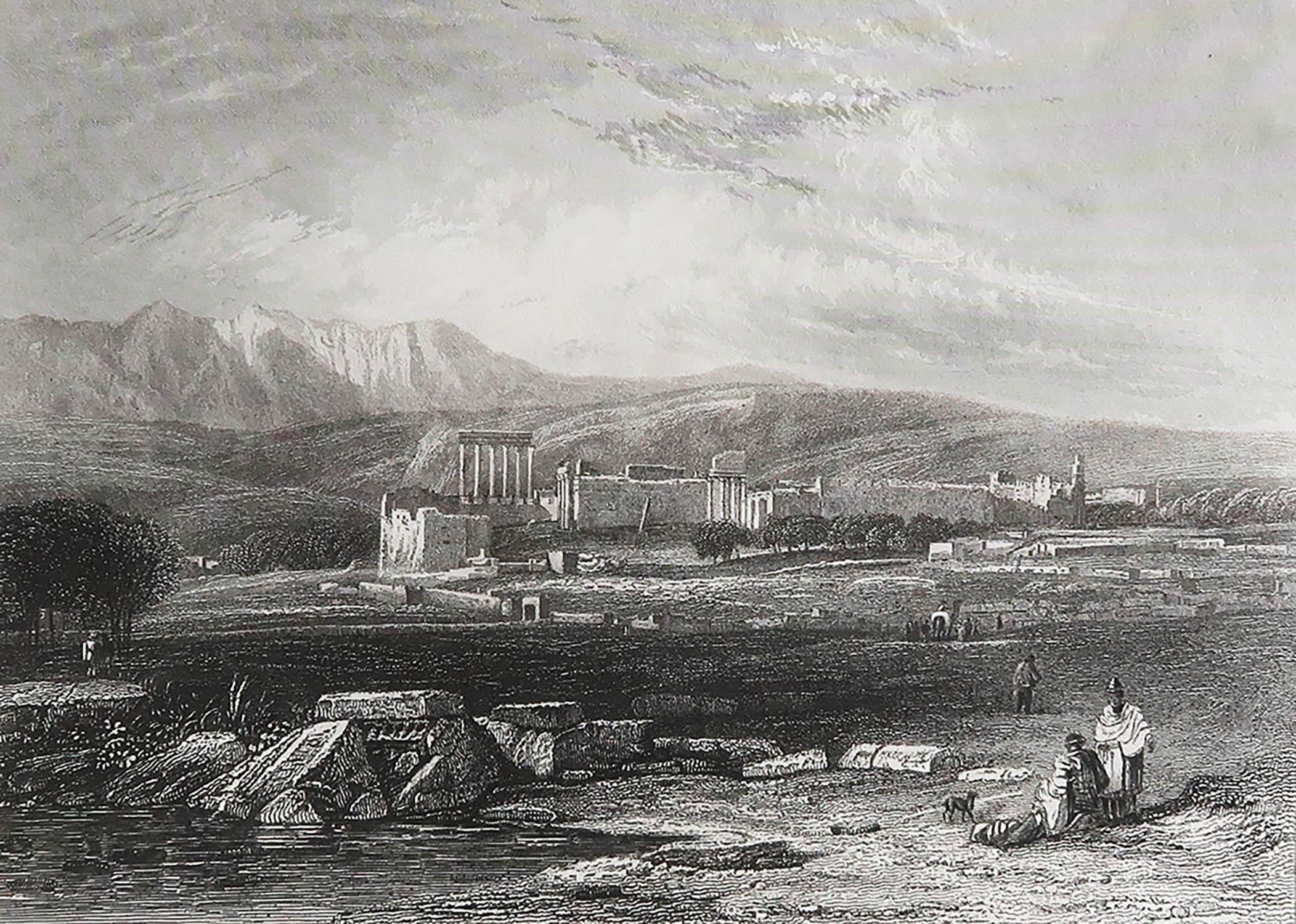 Magnifique image du temple de Baalbek.

Gravure sur acier d'après J.W Callcott

Publié par A.I.C. C.1850.

Non encadré.

